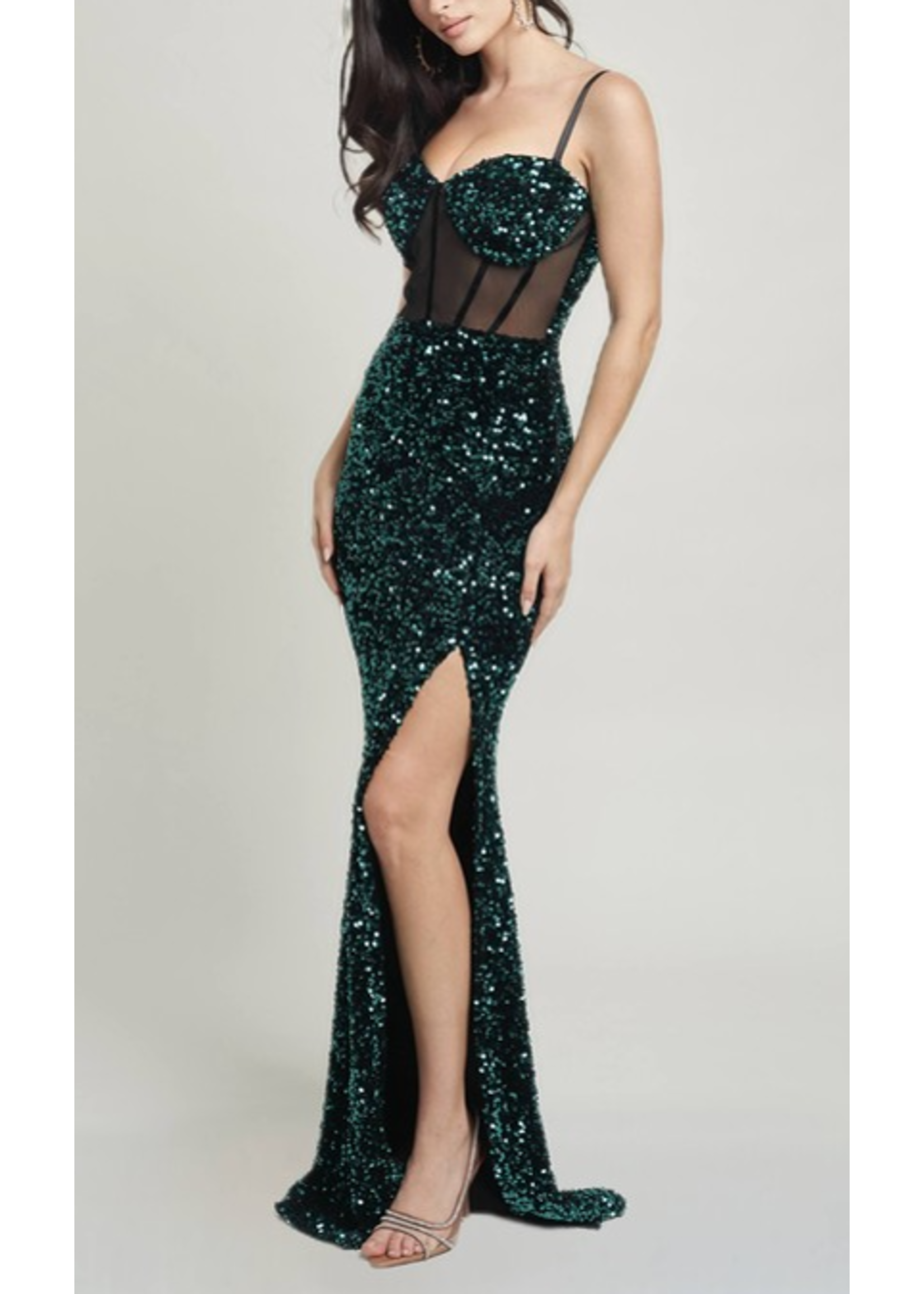 CGCD21830 - EVENING GOWN W BUSTIER MESH CORSET SEQUINNED VELVET GOWN