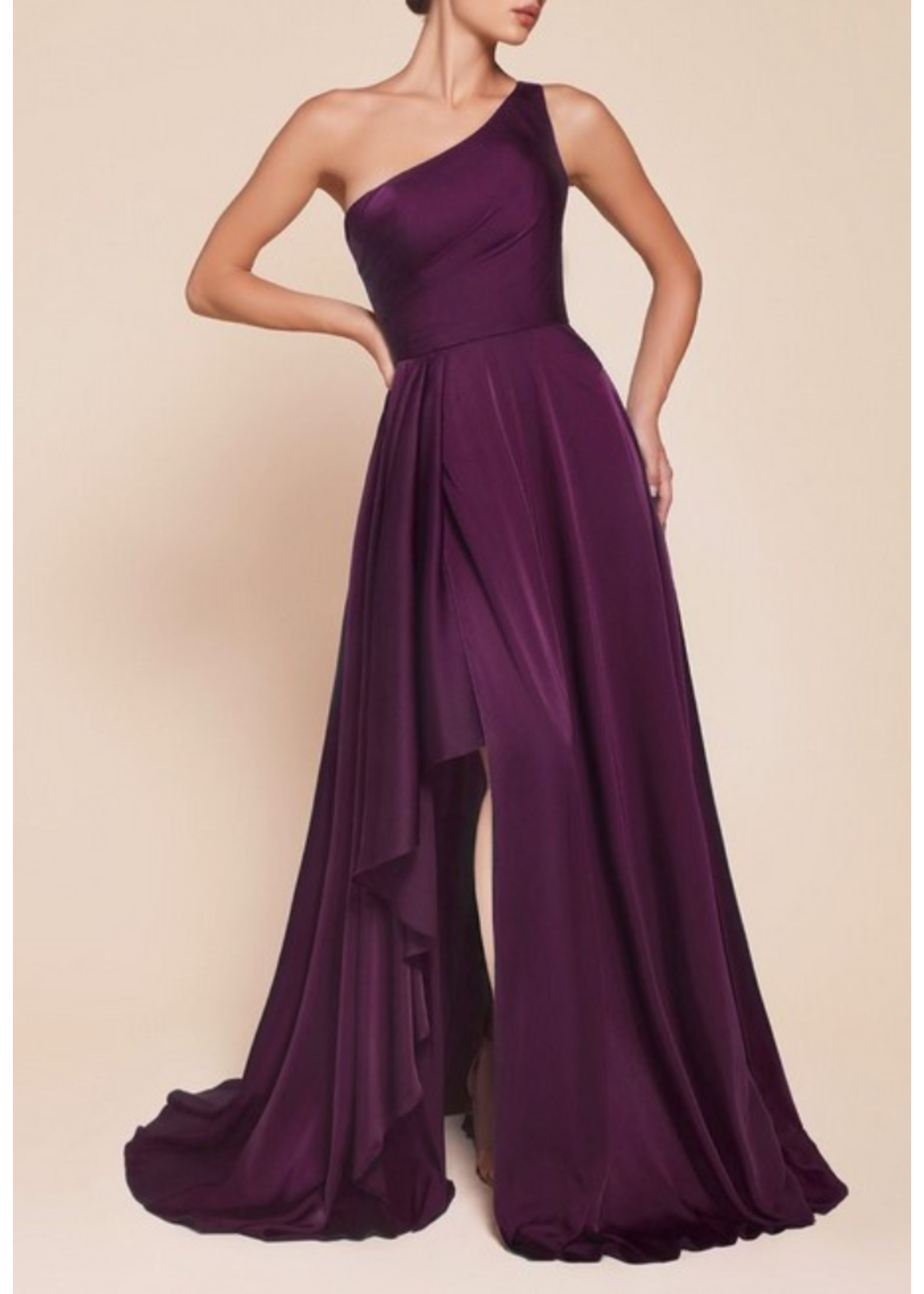 CD7450 - ONE SHOULDER SATIN A-LINE DRESS