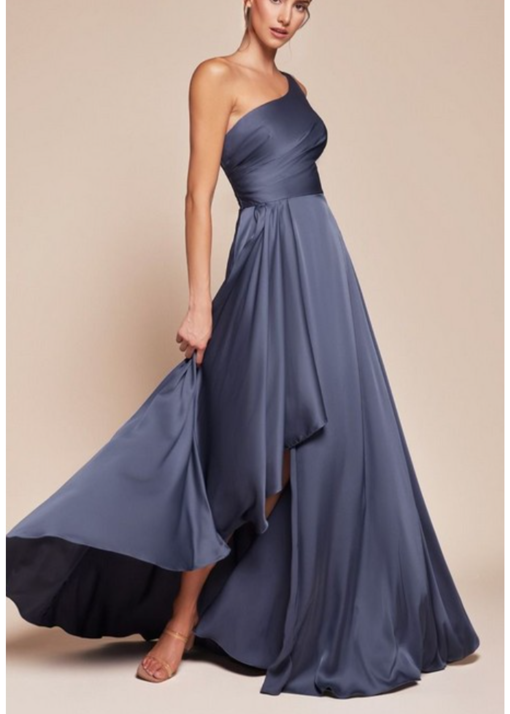 CD7450 - ONE SHOULDER SATIN A-LINE DRESS