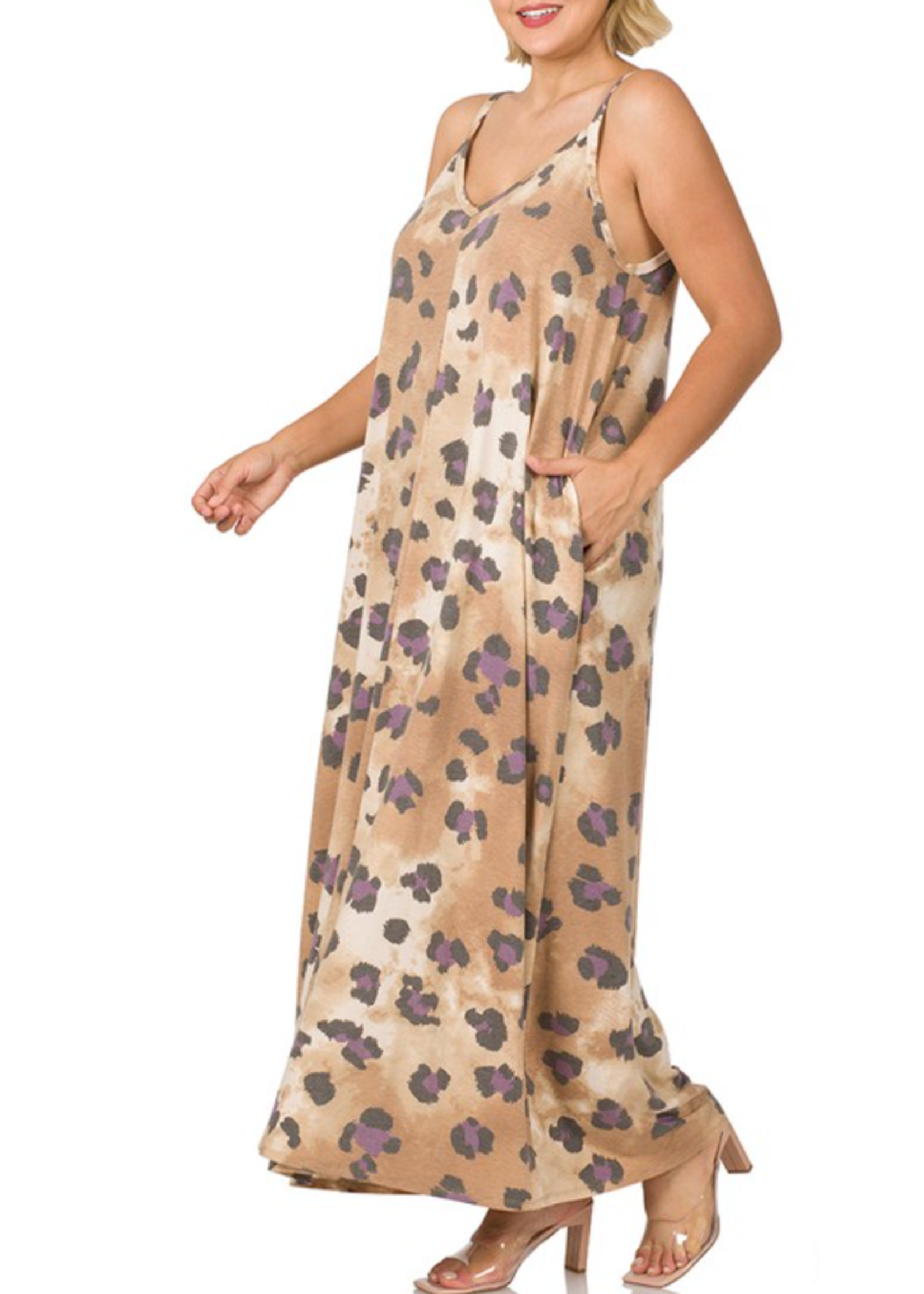 ZNRPS843AB - LEOPARD V-NECK CAMI MAXI DRESS WITH SIDE POCKETS