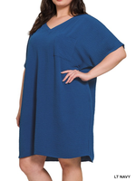 ZN QS7212X - PLUS WOVEN AIRFLOW V NECK T SHIRT DRESS W/ POCKETS