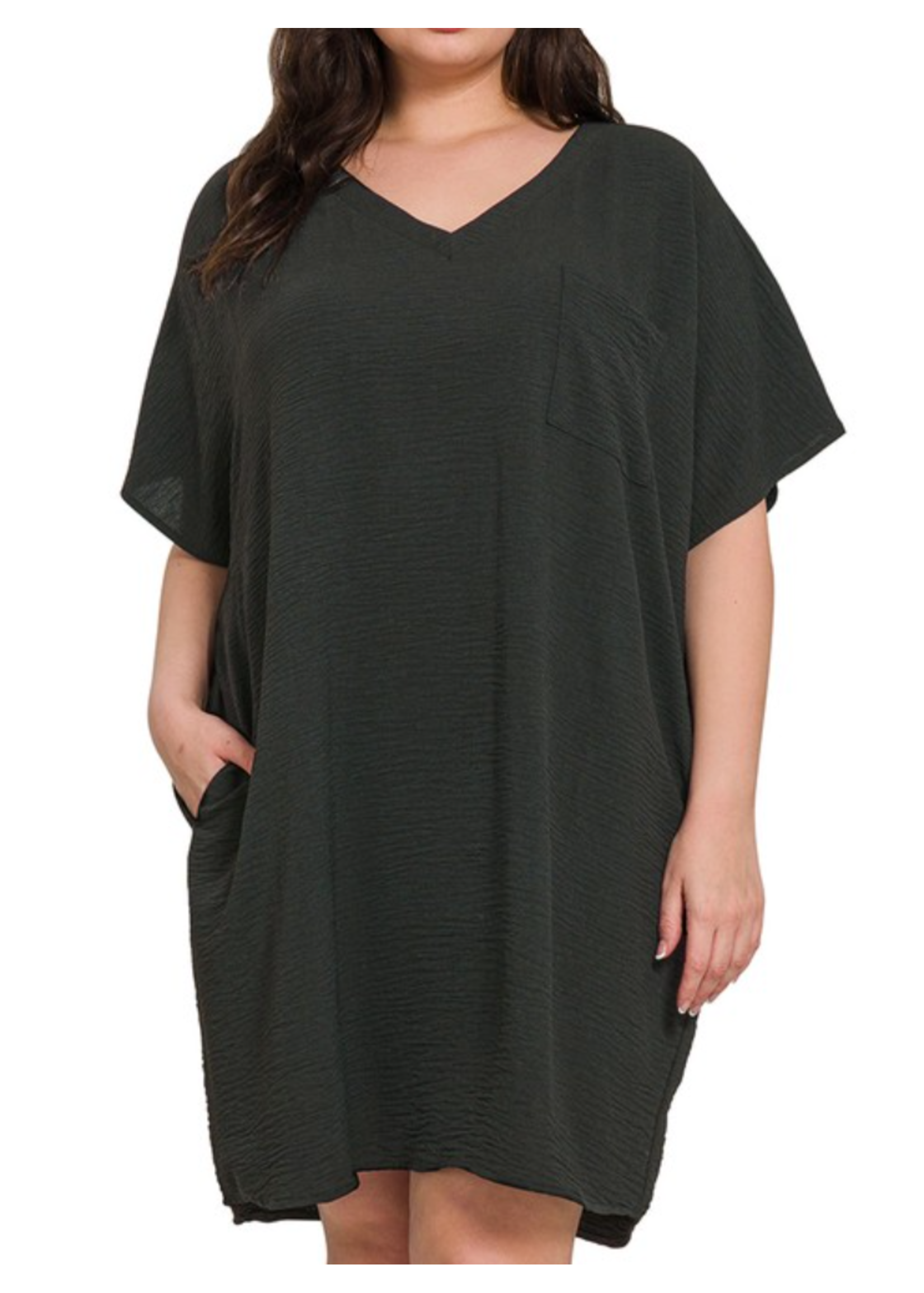 ZN QS7212X - PLUS WOVEN AIRFLOW V NECK T SHIRT DRESS W/ POCKETS