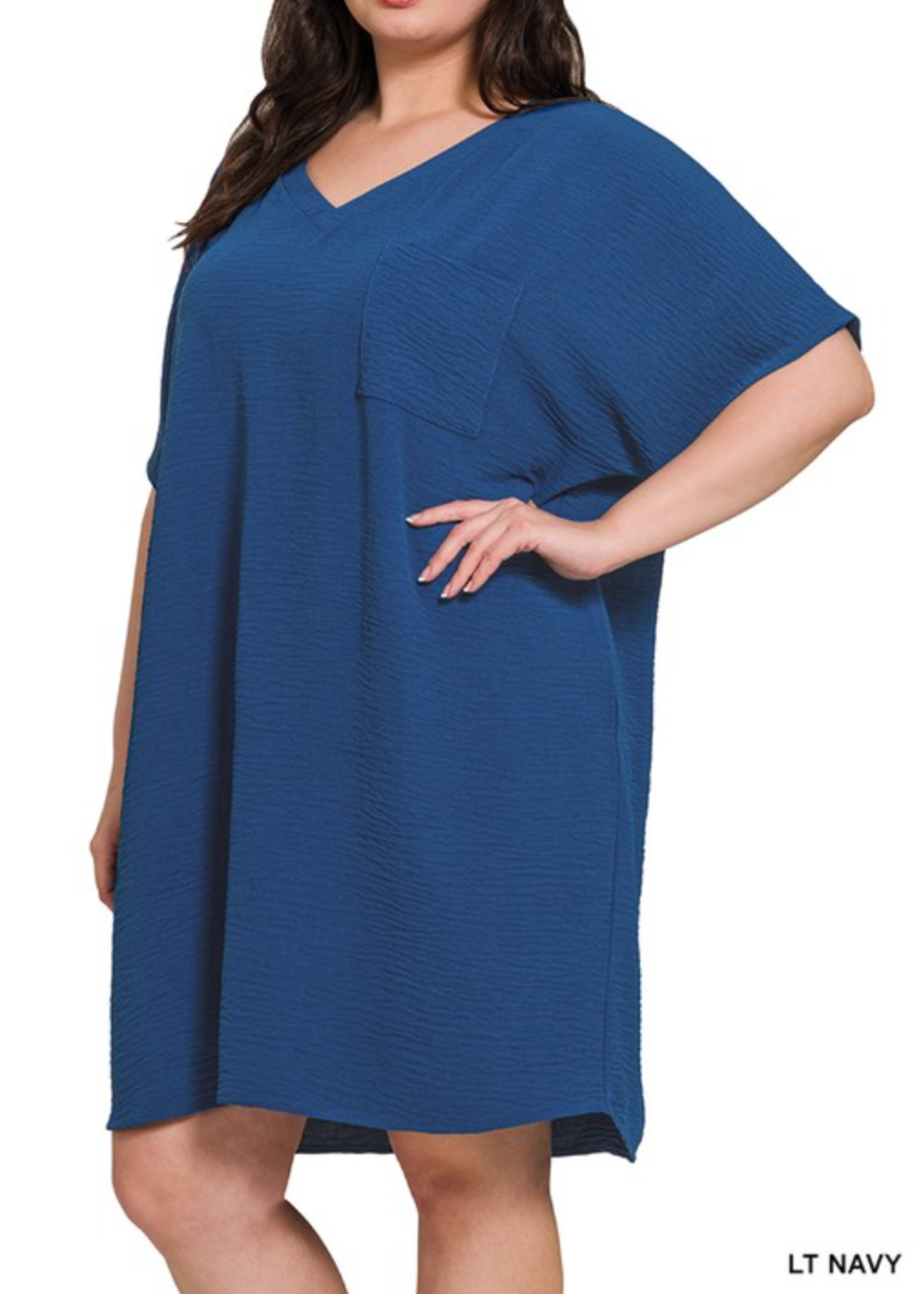 ZN QS7212X - PLUS WOVEN AIRFLOW V NECK T SHIRT DRESS W/ POCKETS
