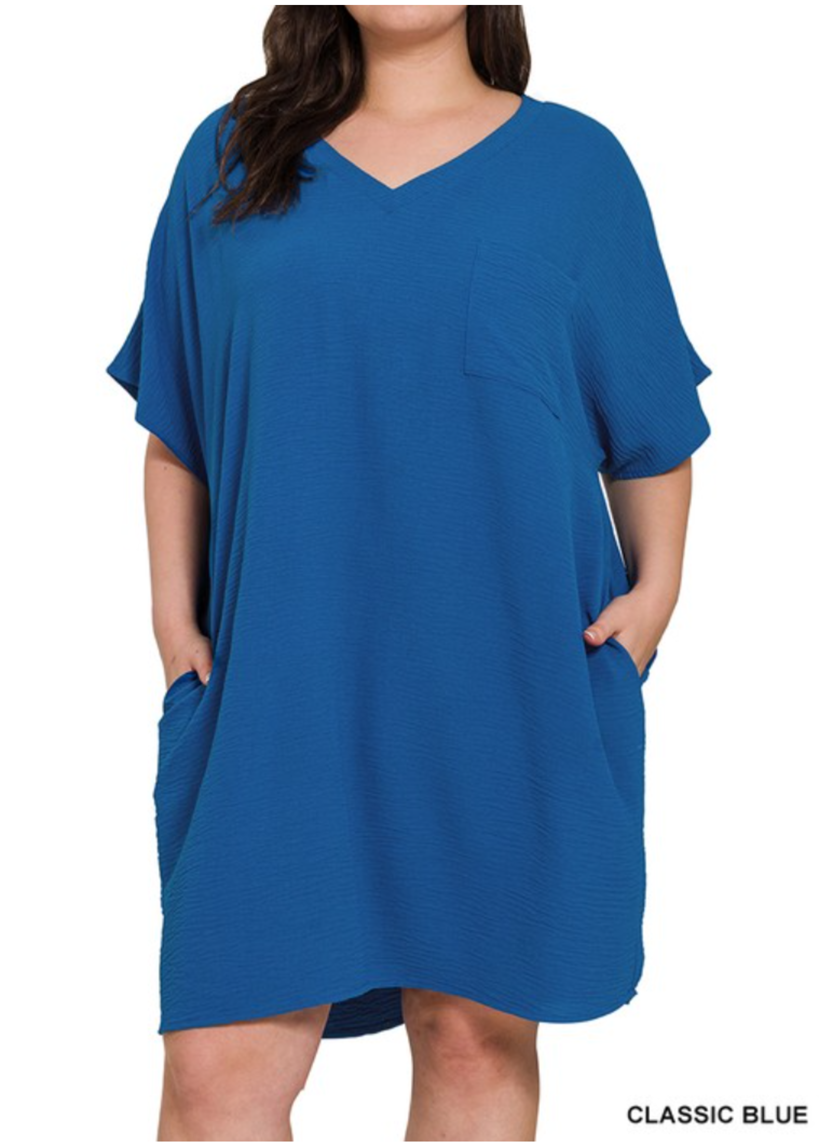 ZN QS7212X - PLUS WOVEN AIRFLOW V NECK T SHIRT DRESS W/ POCKETS