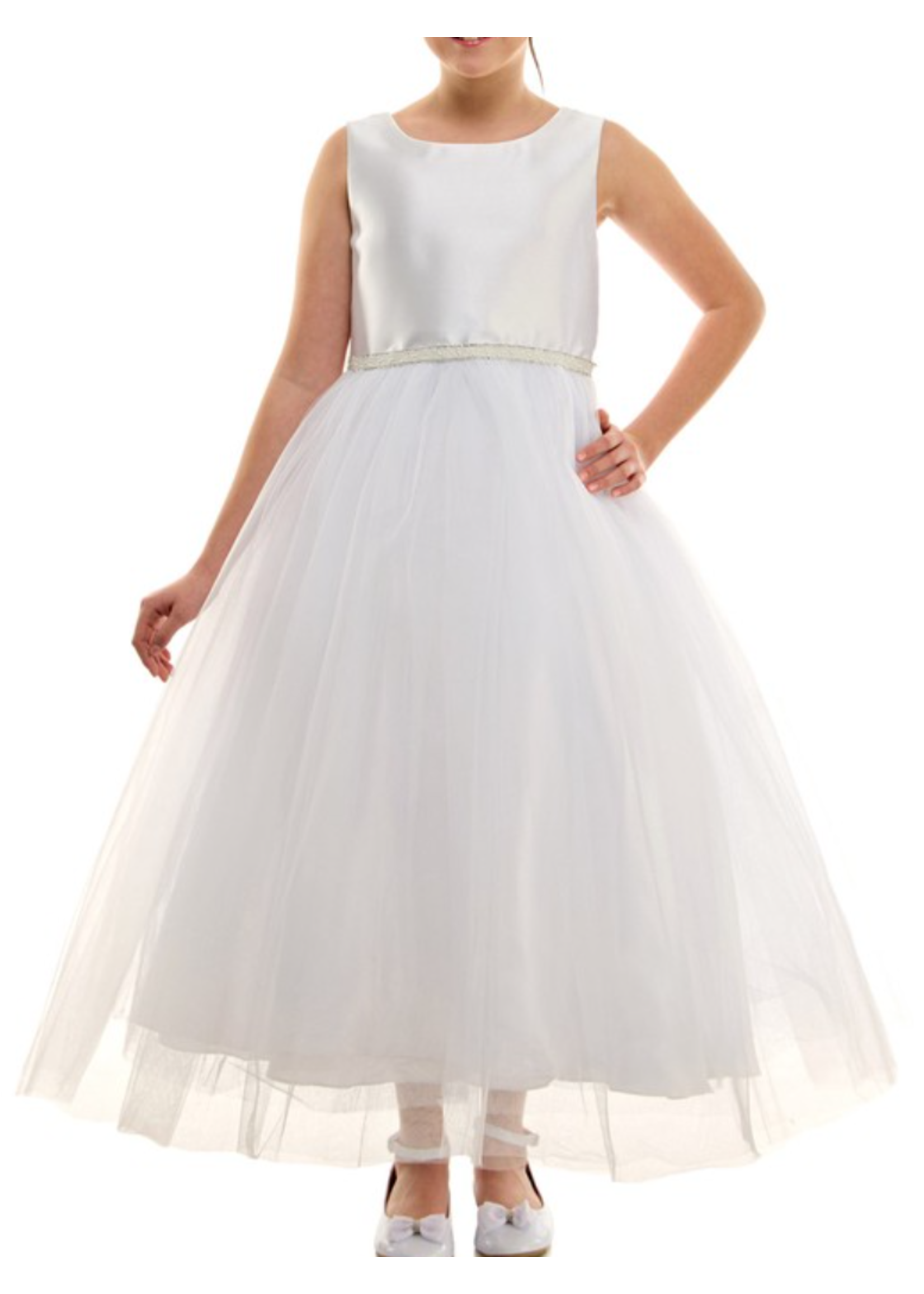 BNY Corner Girls White First Holy Communion Dress – Full Length Cap Sleeve Flower Girl Dress