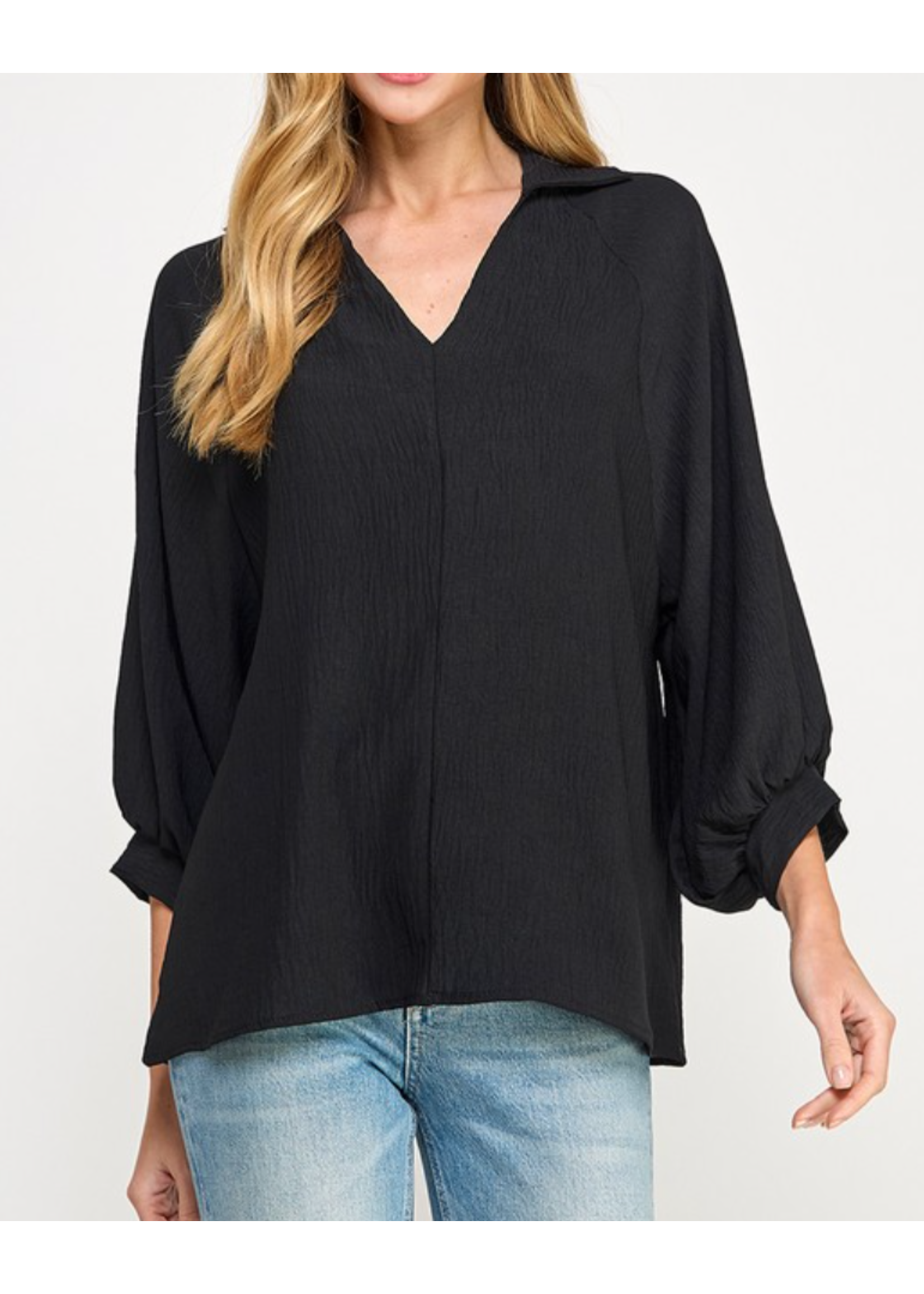 2HT4047 - SOLID COLLARED BLOUSE W VNECK & CUFFED VOLUMINOUS SLEEVE