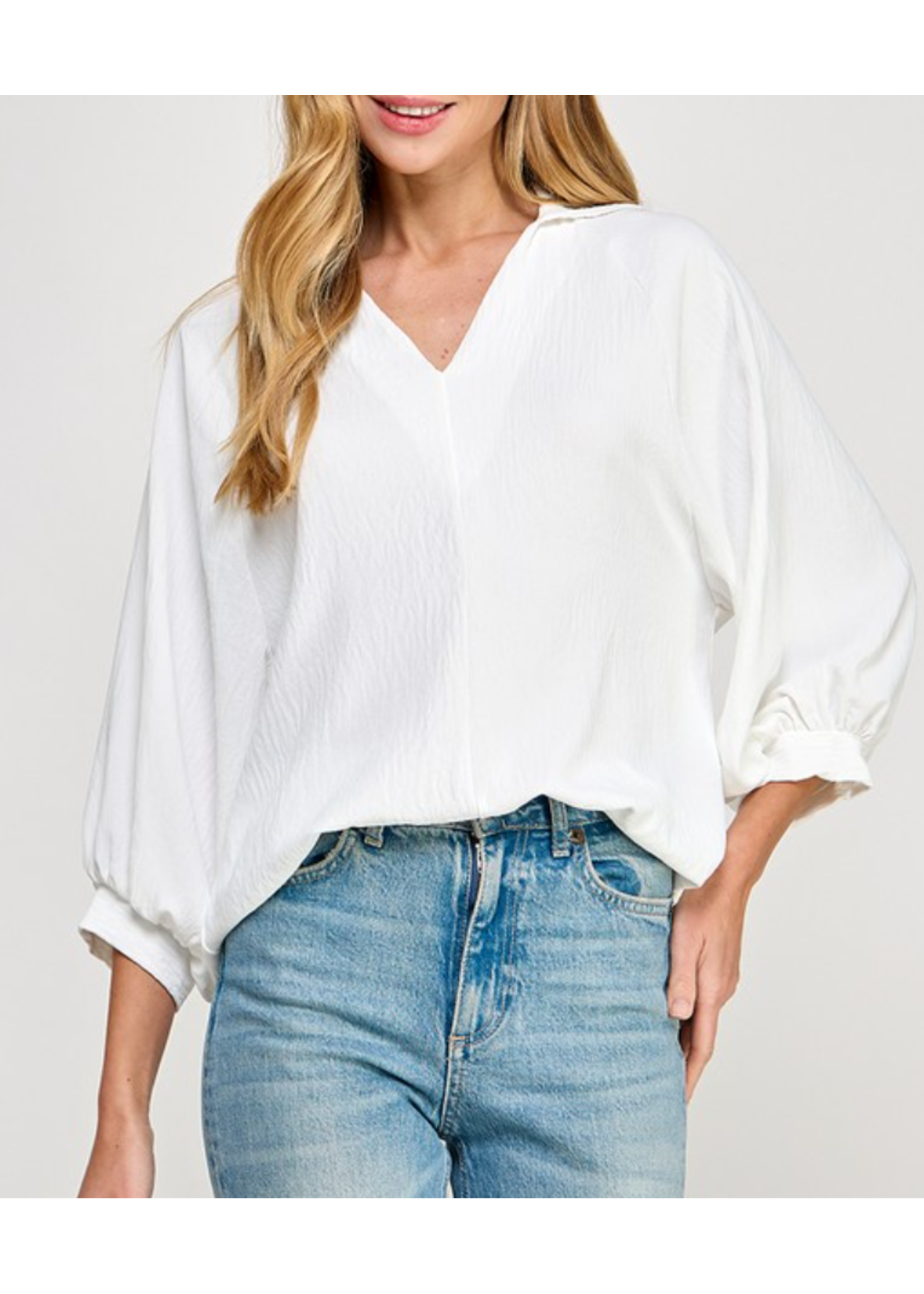2HT4047 - SOLID COLLARED BLOUSE W VNECK & CUFFED VOLUMINOUS SLEEVE