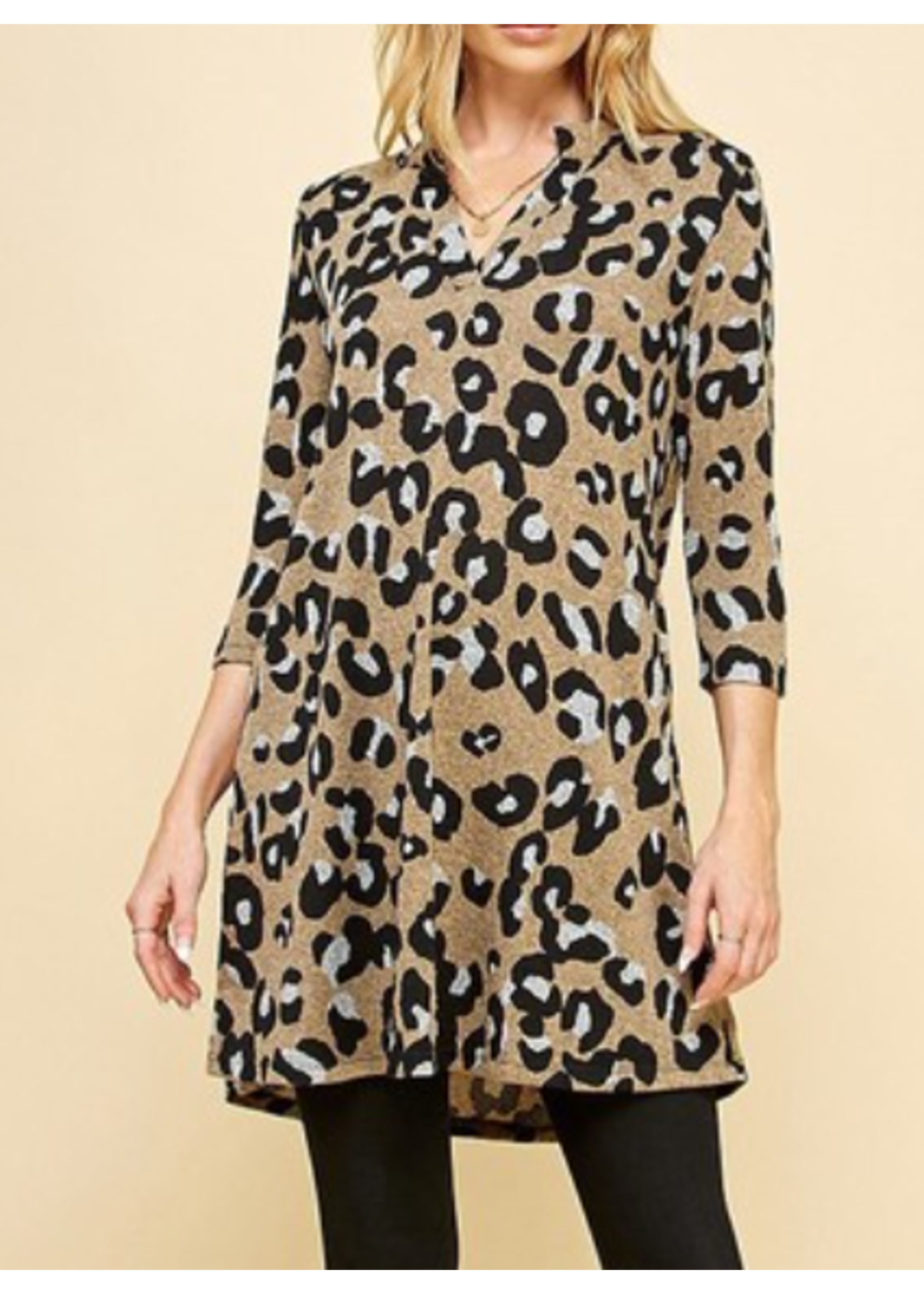 SAQ0010P -  PLUS SIZE ANIMAL PRINT V NECK 3/4 SLEEVE TUNIC DRESS