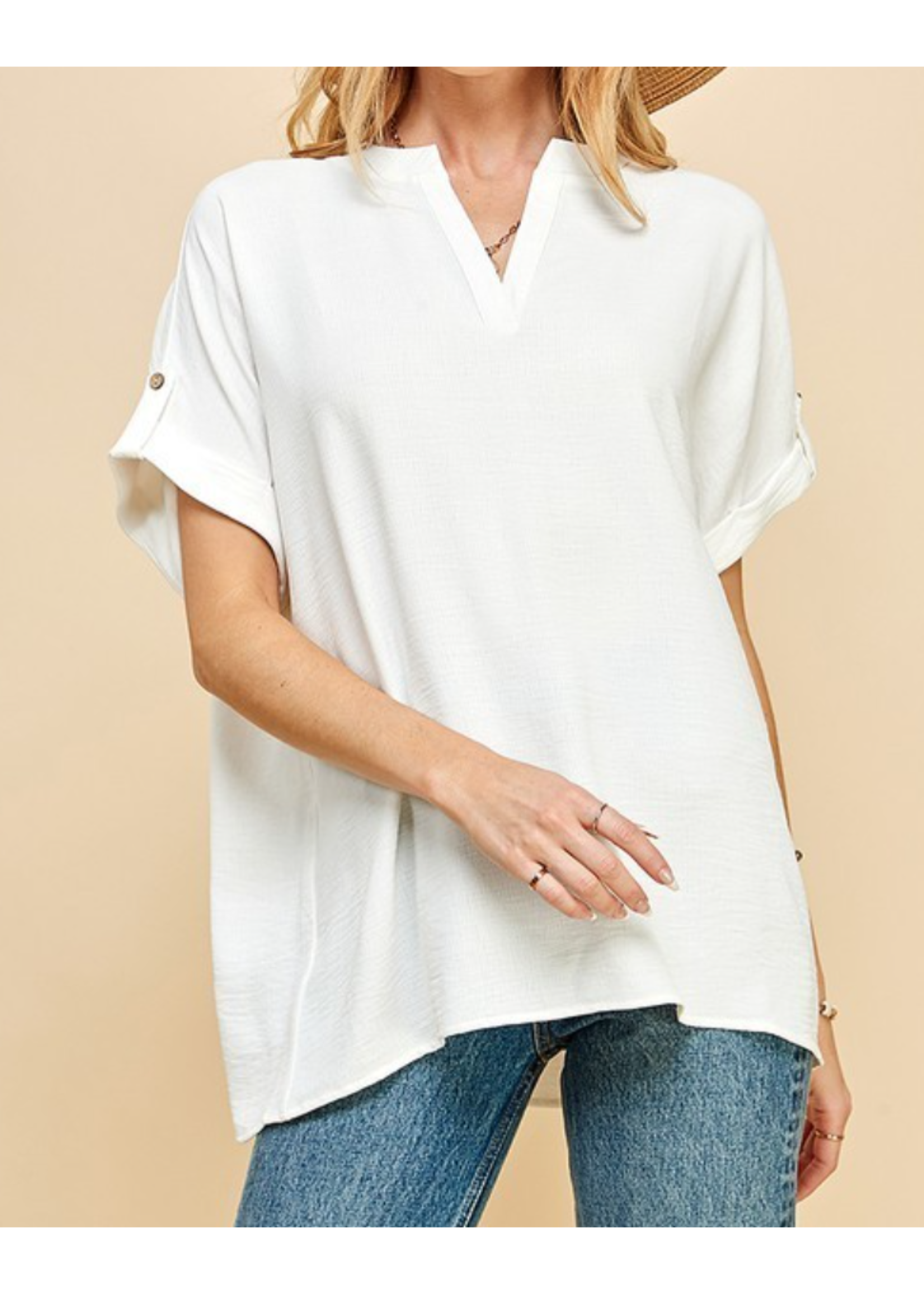 SASPT5211 - SHORT BUTTON SLEEVE FRONT SLIT LOOSE FIT TOP