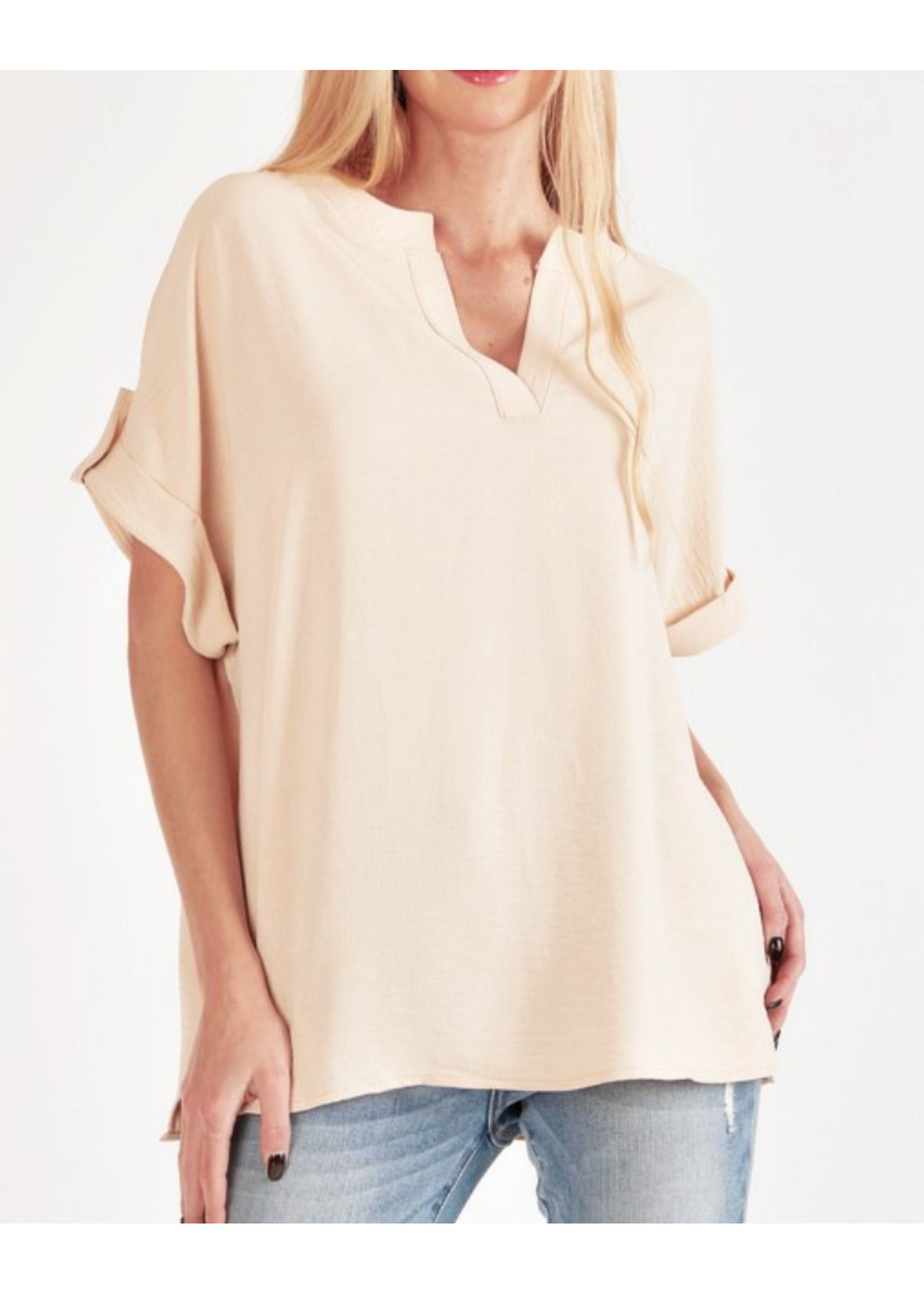 SASPT5211 - SHORT BUTTON SLEEVE FRONT SLIT LOOSE FIT TOP