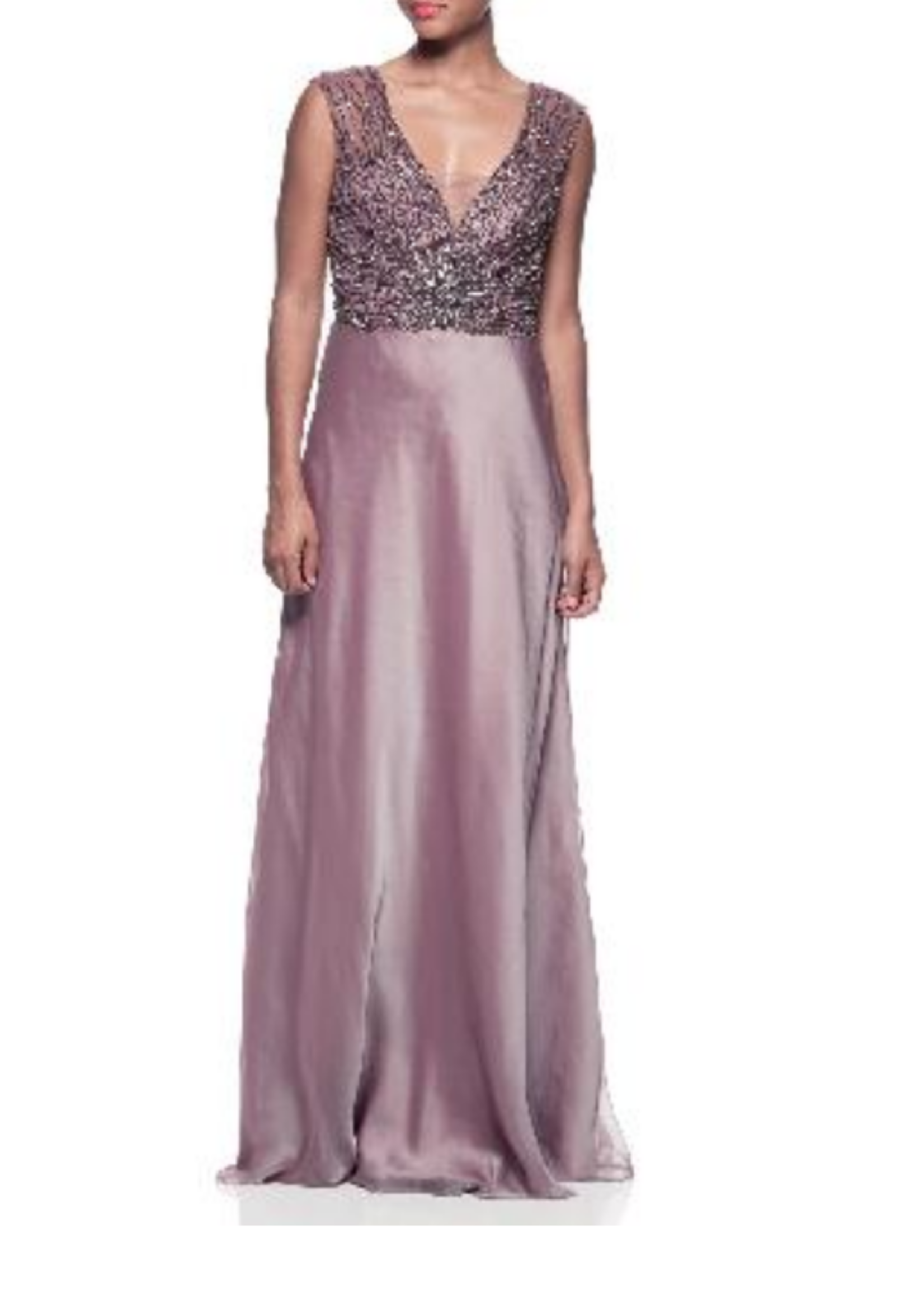 BCHK1784 -  EVENING GOWN  SLEEVELESS, V-NECK, BACKLESS, A-LINE  W CHIFFON & BEADED BODICE