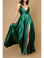 WDDD1318 -  EVENING GOWN / LONG FLOWY SATIN  A-LINE W HIGH SLIT