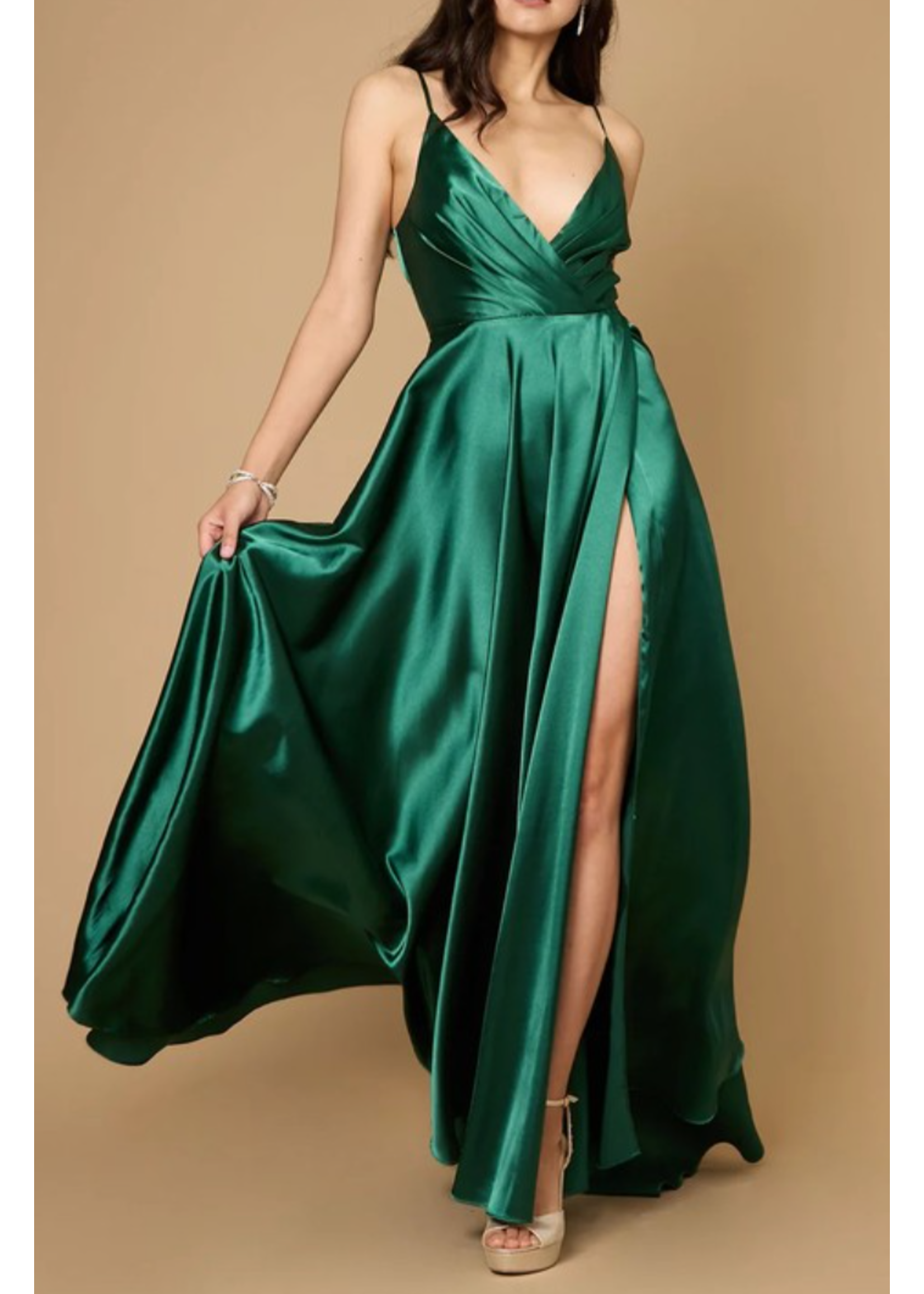 WDDD1318 -  EVENING GOWN / LONG FLOWY SATIN  A-LINE W HIGH SLIT