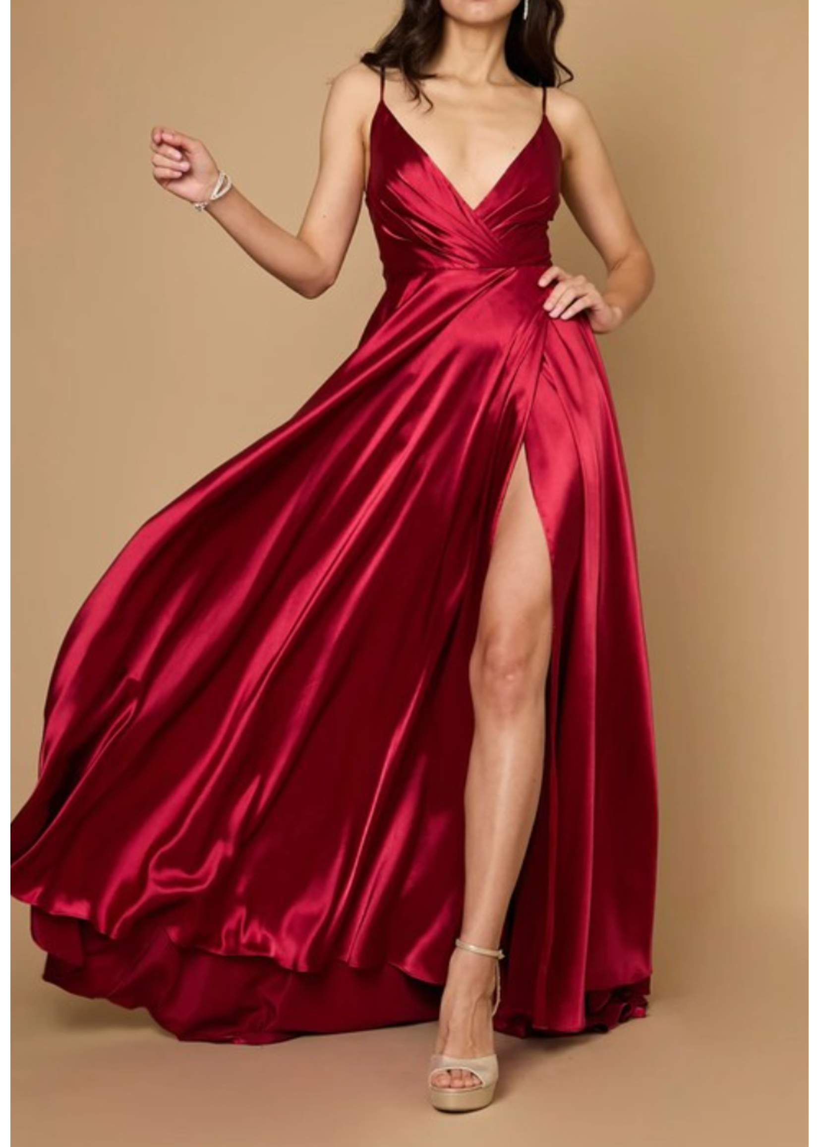 WDDD1318 -  EVENING GOWN / LONG FLOWY SATIN  A-LINE W HIGH SLIT