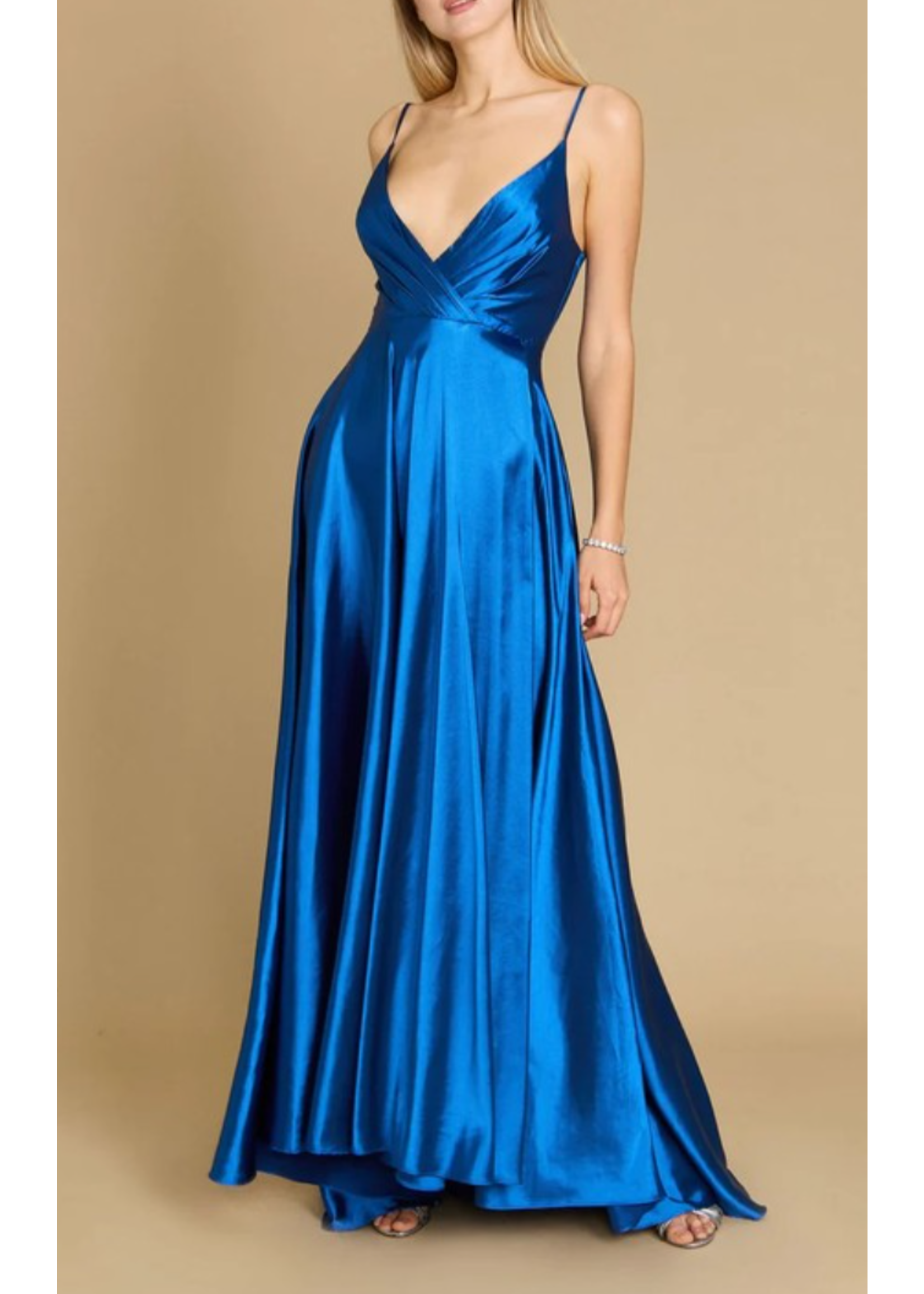 WDDD1318 -  EVENING GOWN / LONG FLOWY SATIN  A-LINE W HIGH SLIT