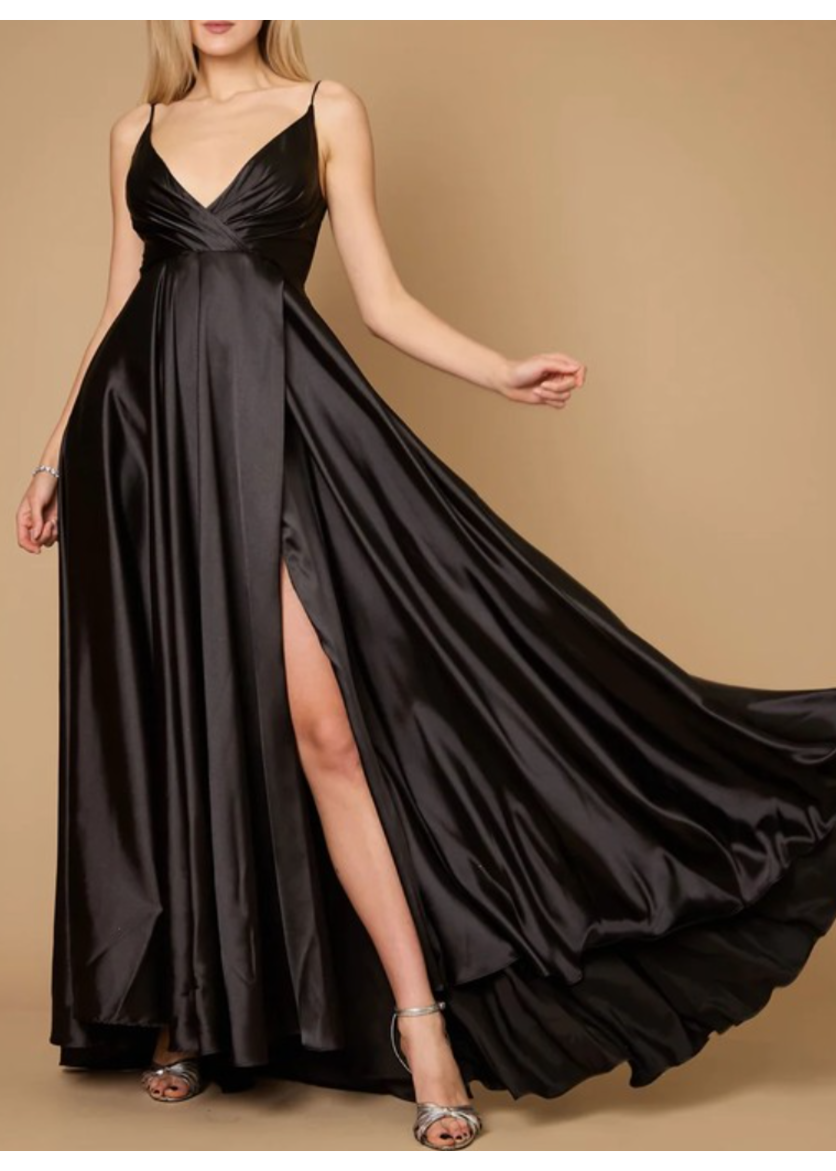 WDDD1318 -  EVENING GOWN / LONG FLOWY SATIN  A-LINE W HIGH SLIT
