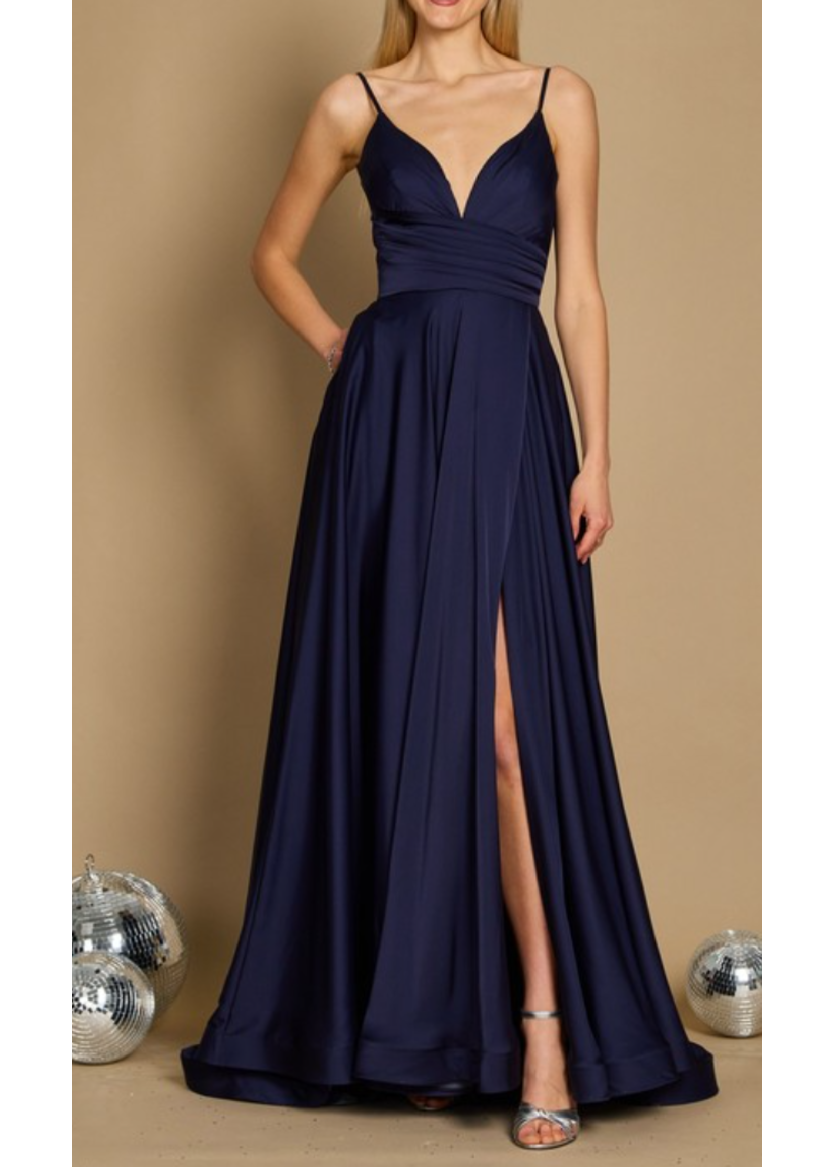 WDDD1287 - EVEING GOWN /  spaghetti strap and a sexy thigh-high slit with zipper back closure