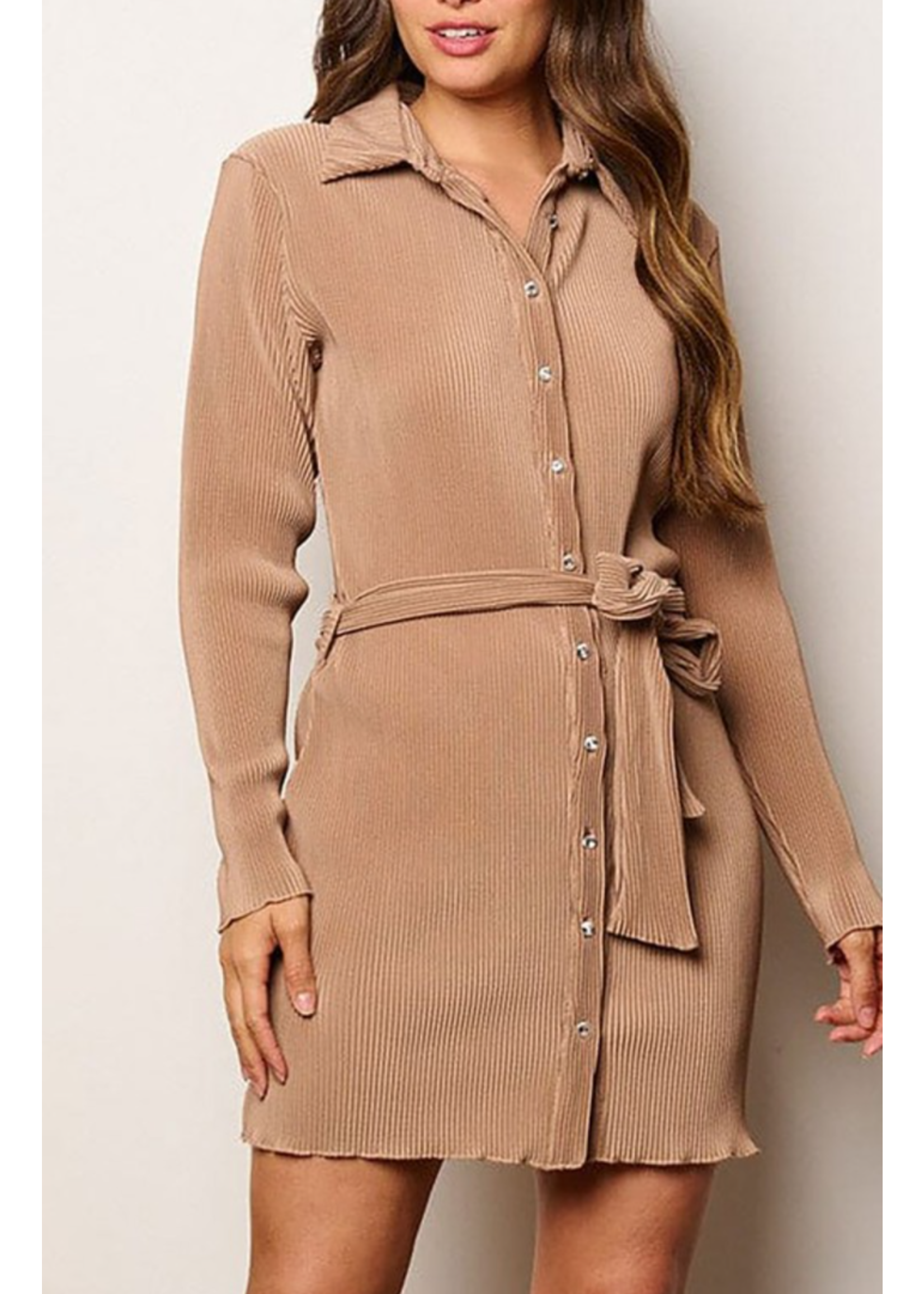 RSRVWT4941 - LONG SLEEVE BUTTON UP PLEATED MINI DRESS