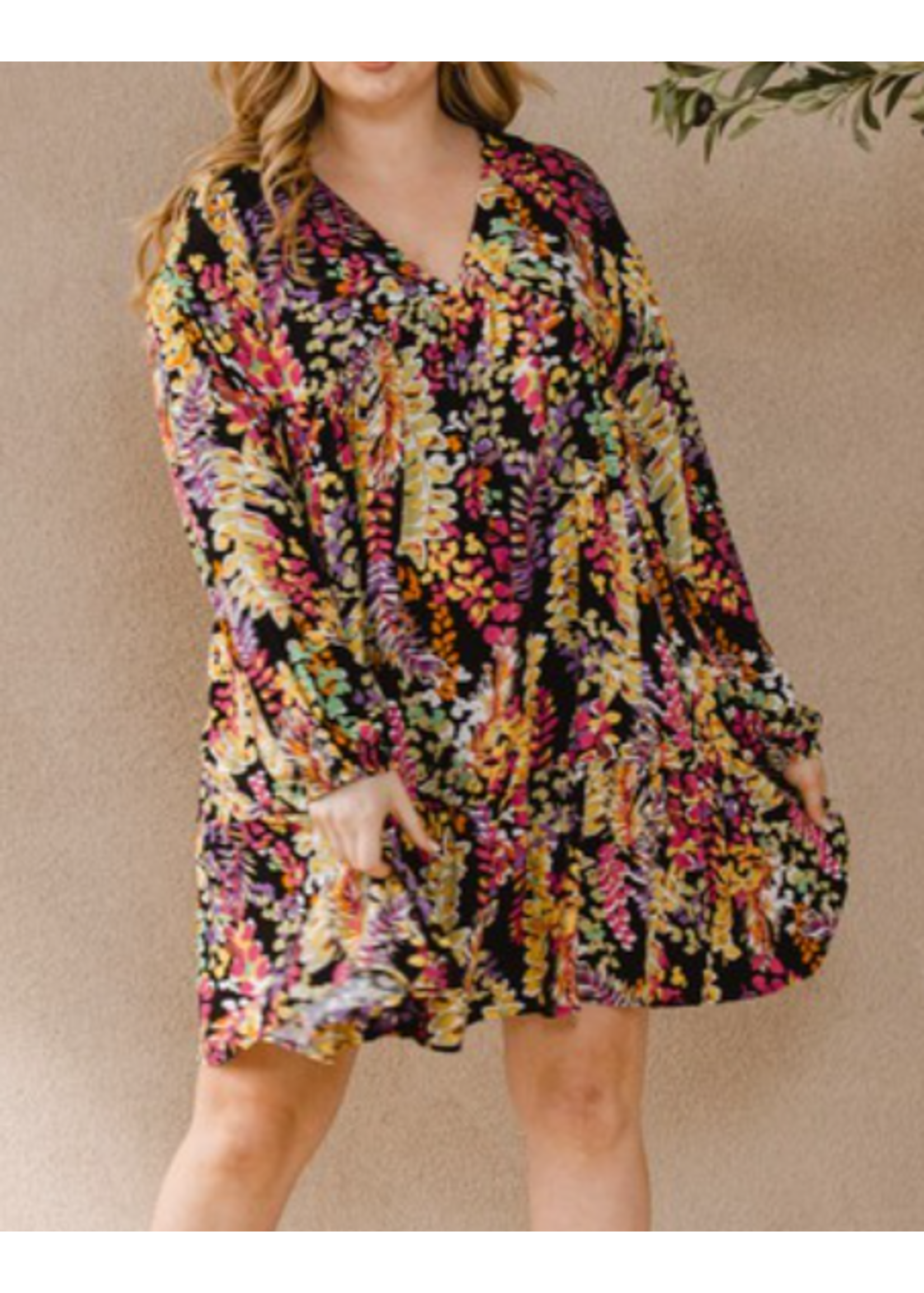 ODID15174P - Plus Flower Leaf Tiered Puff Sleeve Mini Dress