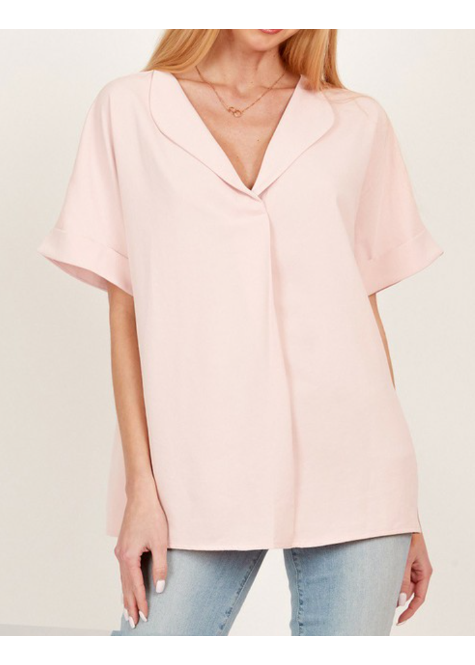 SLSPT5068 - SOLID COLLARED SHORT SLEEVE LOOSE BOXY TOP
