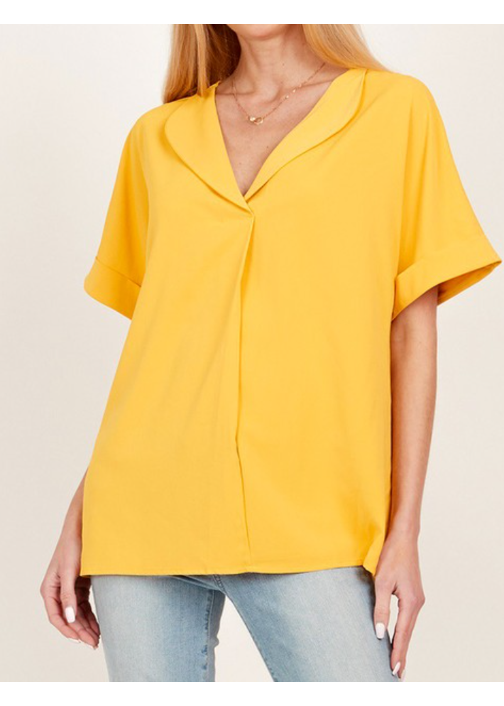 SLSPT5068 - SOLID COLLARED SHORT SLEEVE LOOSE BOXY TOP