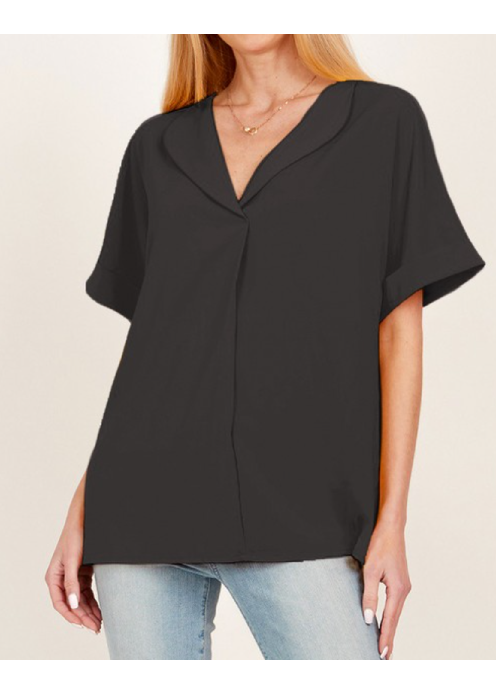 SLSPT5068 - SOLID COLLARED SHORT SLEEVE LOOSE BOXY TOP