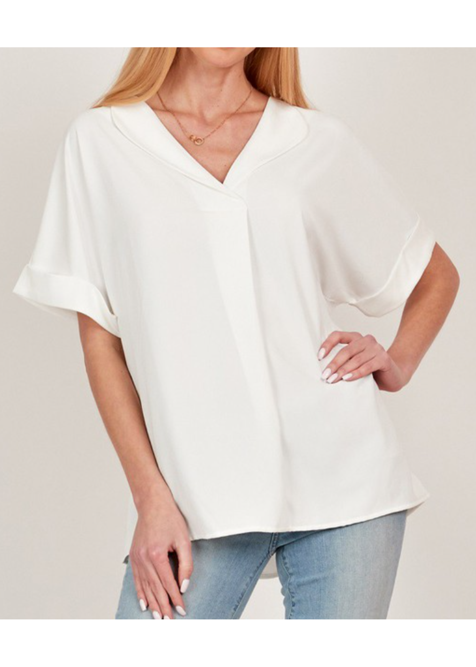 SLSPT5068 - SOLID COLLARED SHORT SLEEVE LOOSE BOXY TOP