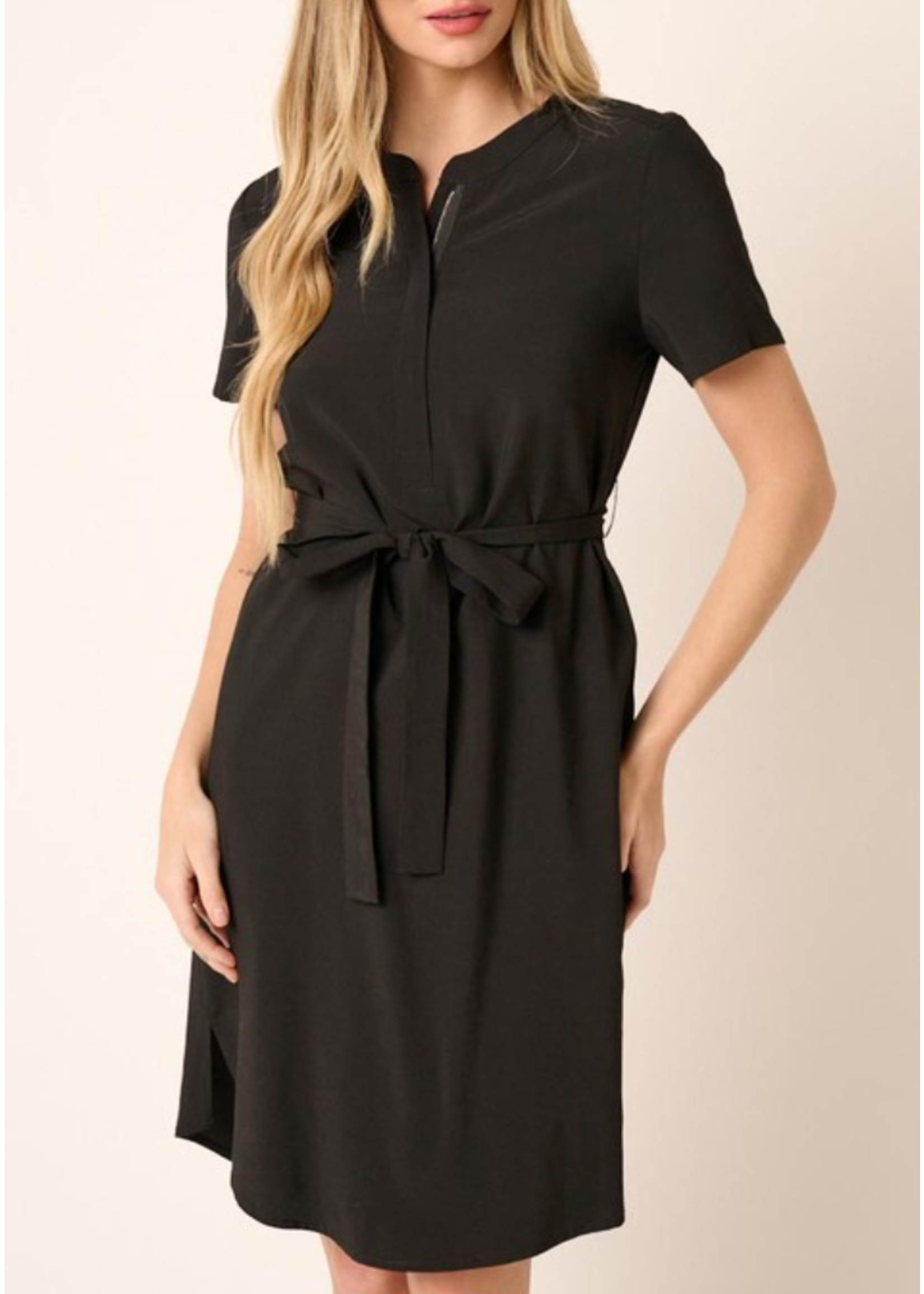 MSM43061 - MANDARIN COLLAR SHORT SLEEVE BELTED SHIRT DRESS