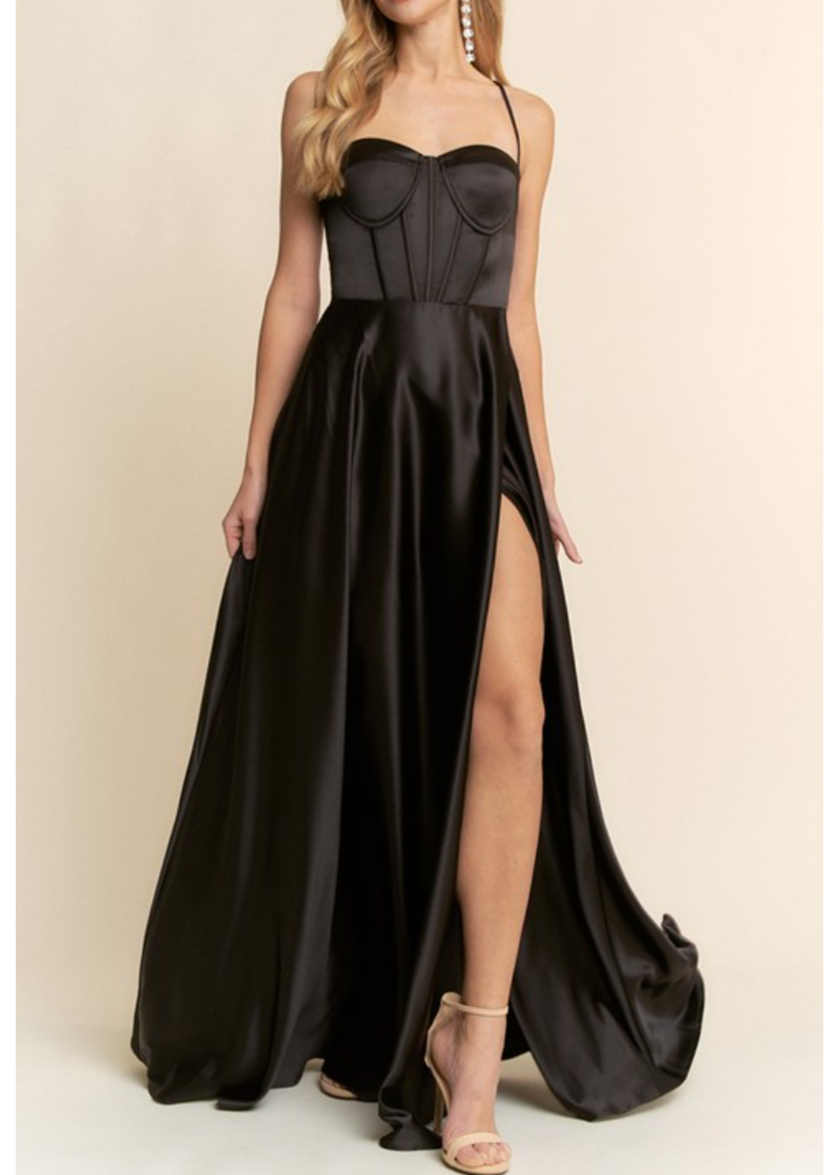 MJMF22862 - SATIN SWEETHEART SLEEVELESS BUSTIER BODICE BACK LACE UP DETAIL A-LINE EVENING GOWN