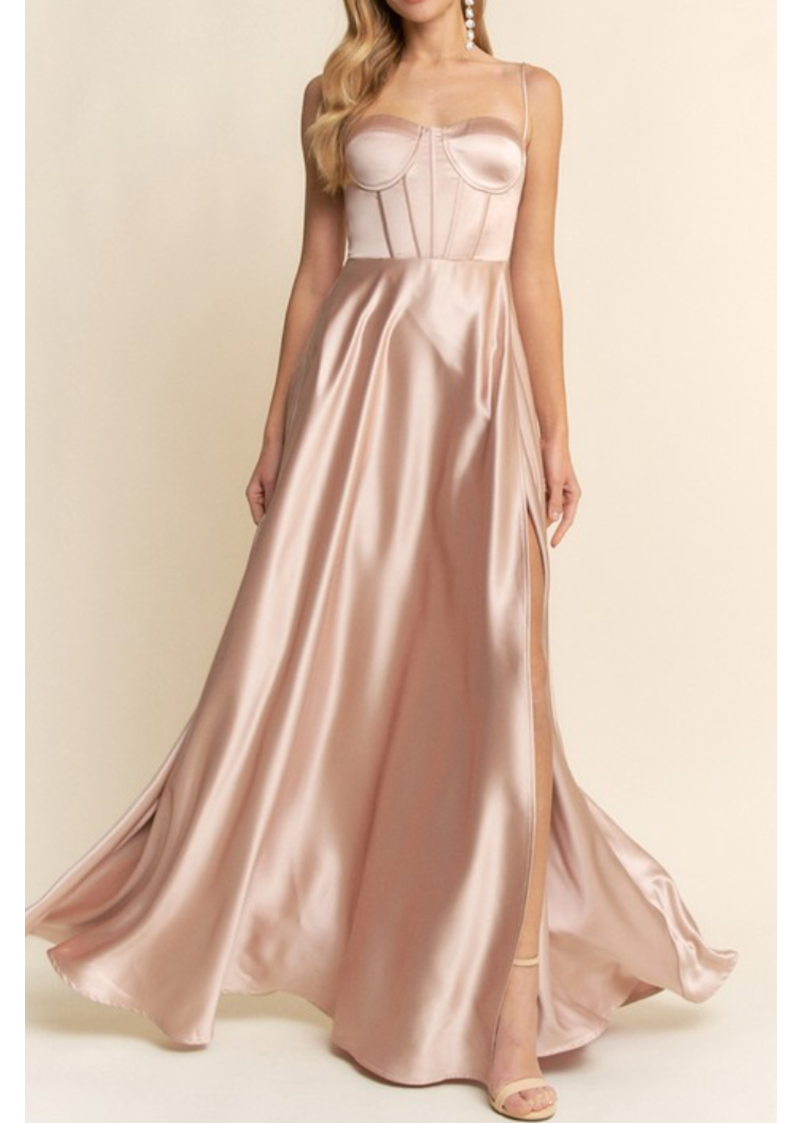 MJMF22862 - SATIN SWEETHEART SLEEVELESS BUSTIER BODICE BACK LACE UP DETAIL A-LINE EVENING GOWN