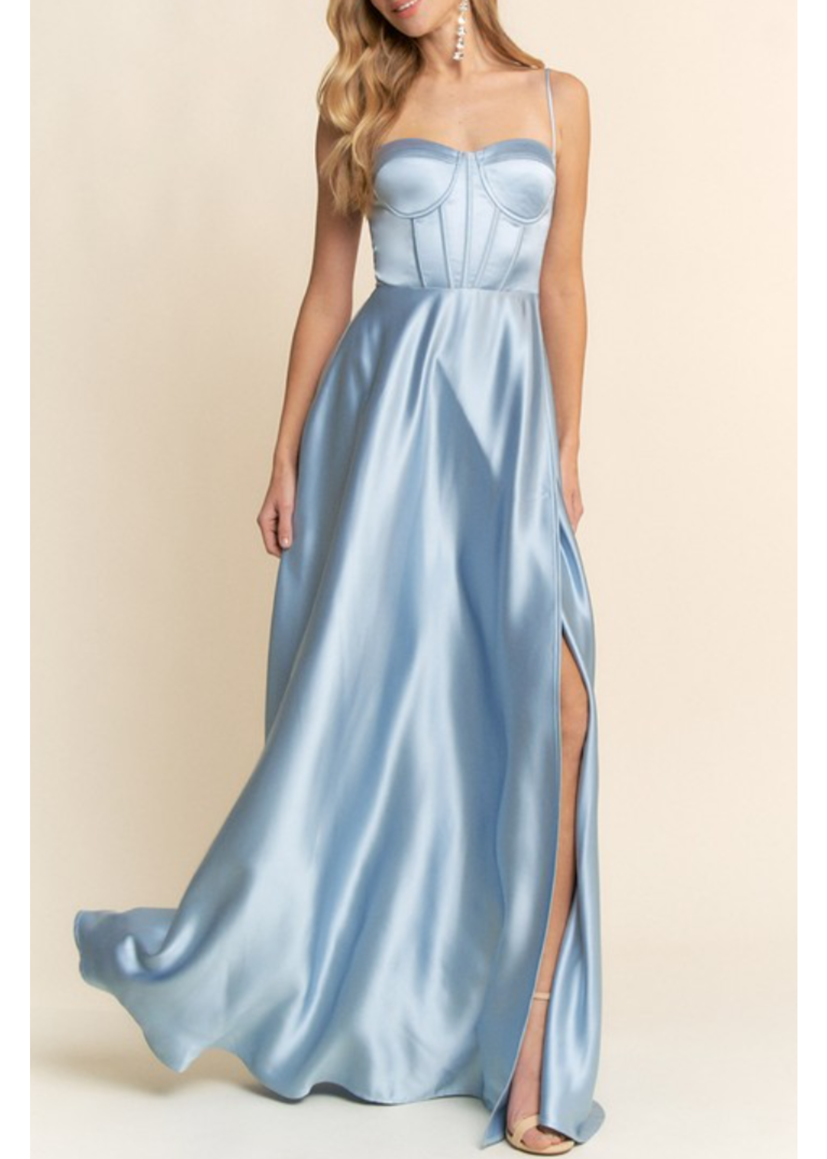 MJMF22862 - SATIN SWEETHEART SLEEVELESS BUSTIER BODICE BACK LACE UP DETAIL A-LINE EVENING GOWN
