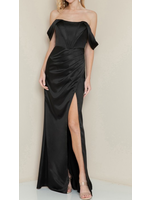 MJMF21193   - OFF SHOULDER SATIN SHIRRING SLIT  EVENING GOWN