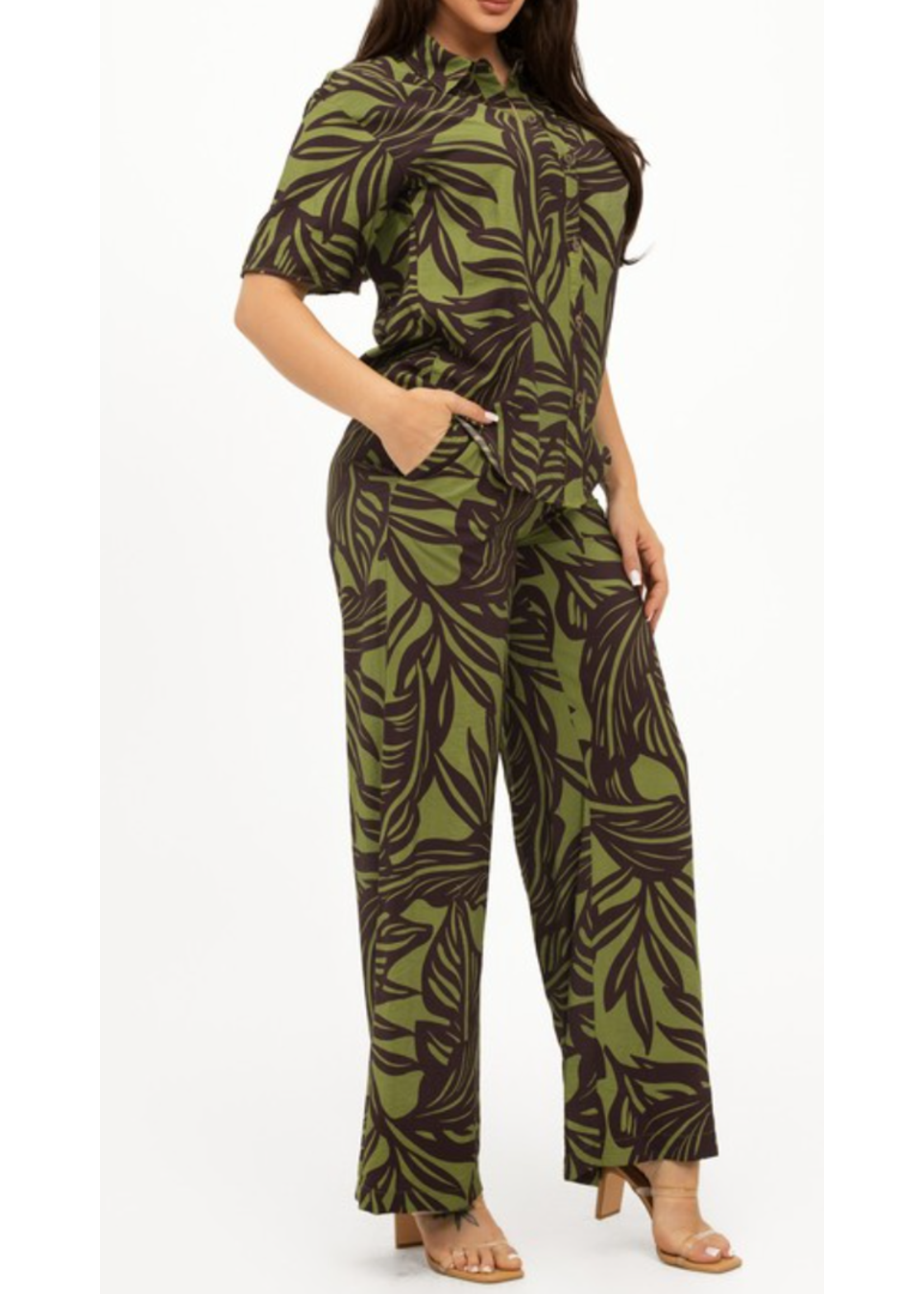 JLST4861 - Tropical Print Front Button Down Top And Pants Set