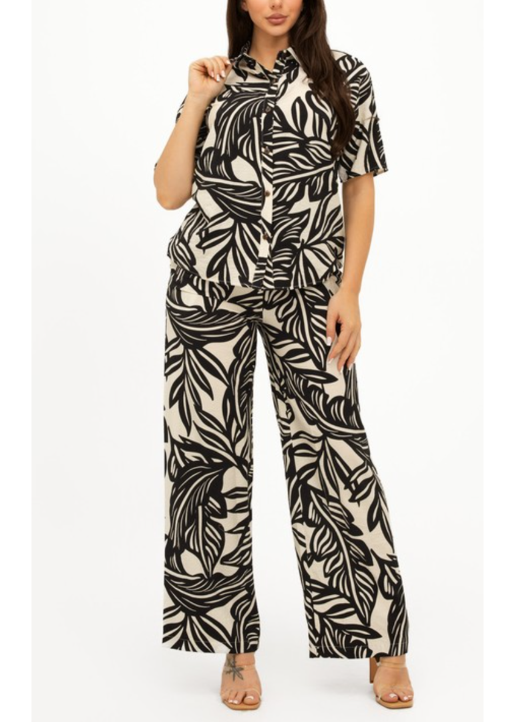JLST4861 - Tropical Print Front Button Down Top And Pants Set
