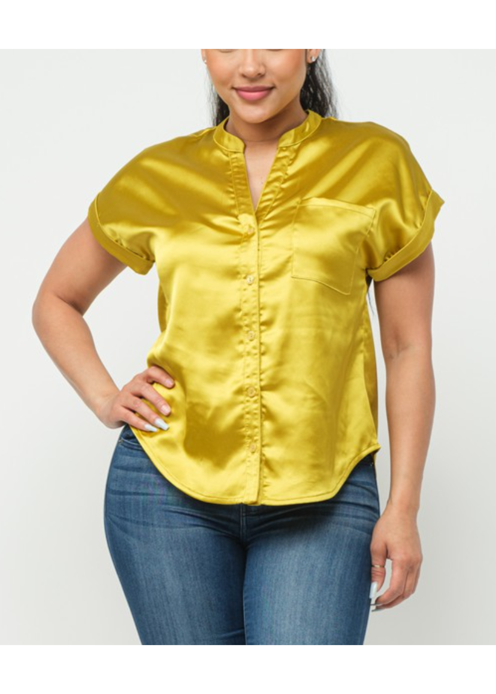 JLA8741 - Satin Front Button Down One Pocket Back Slit Top
