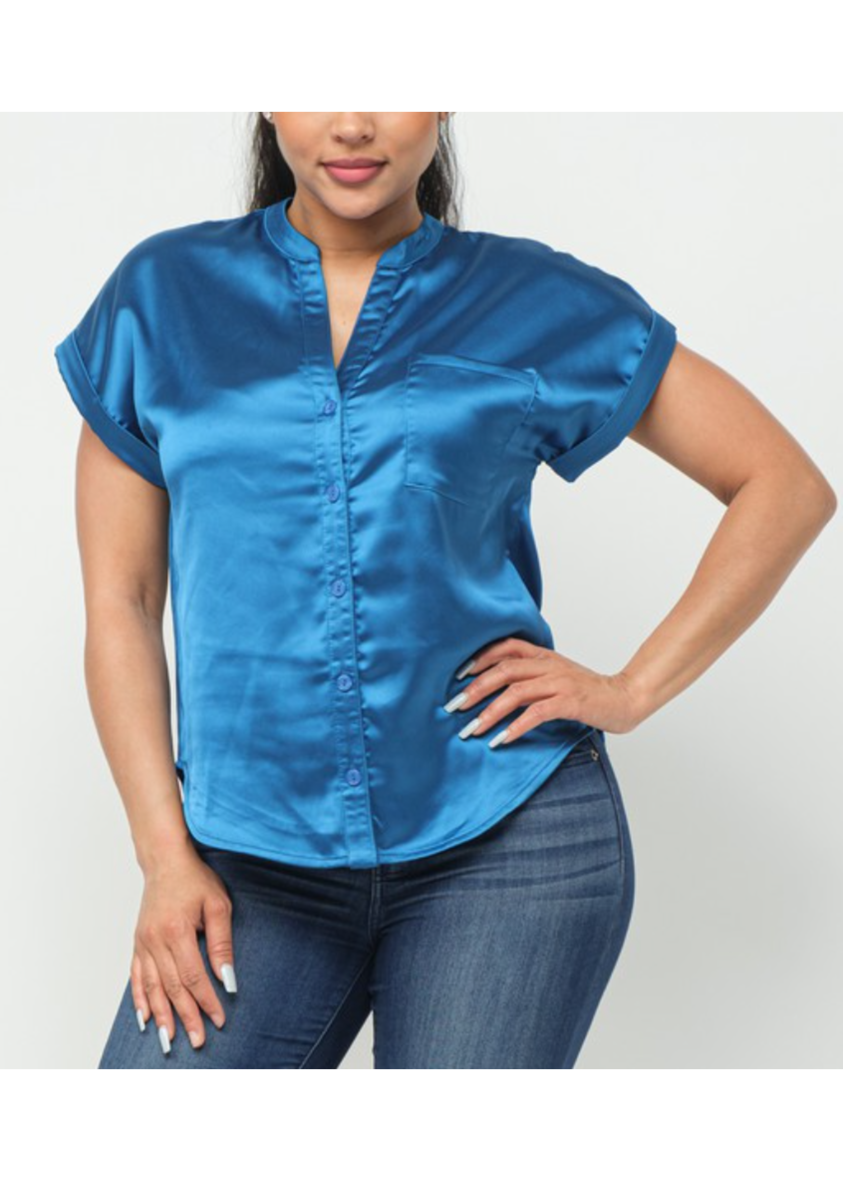 JLA8741 - Satin Front Button Down One Pocket Back Slit Top