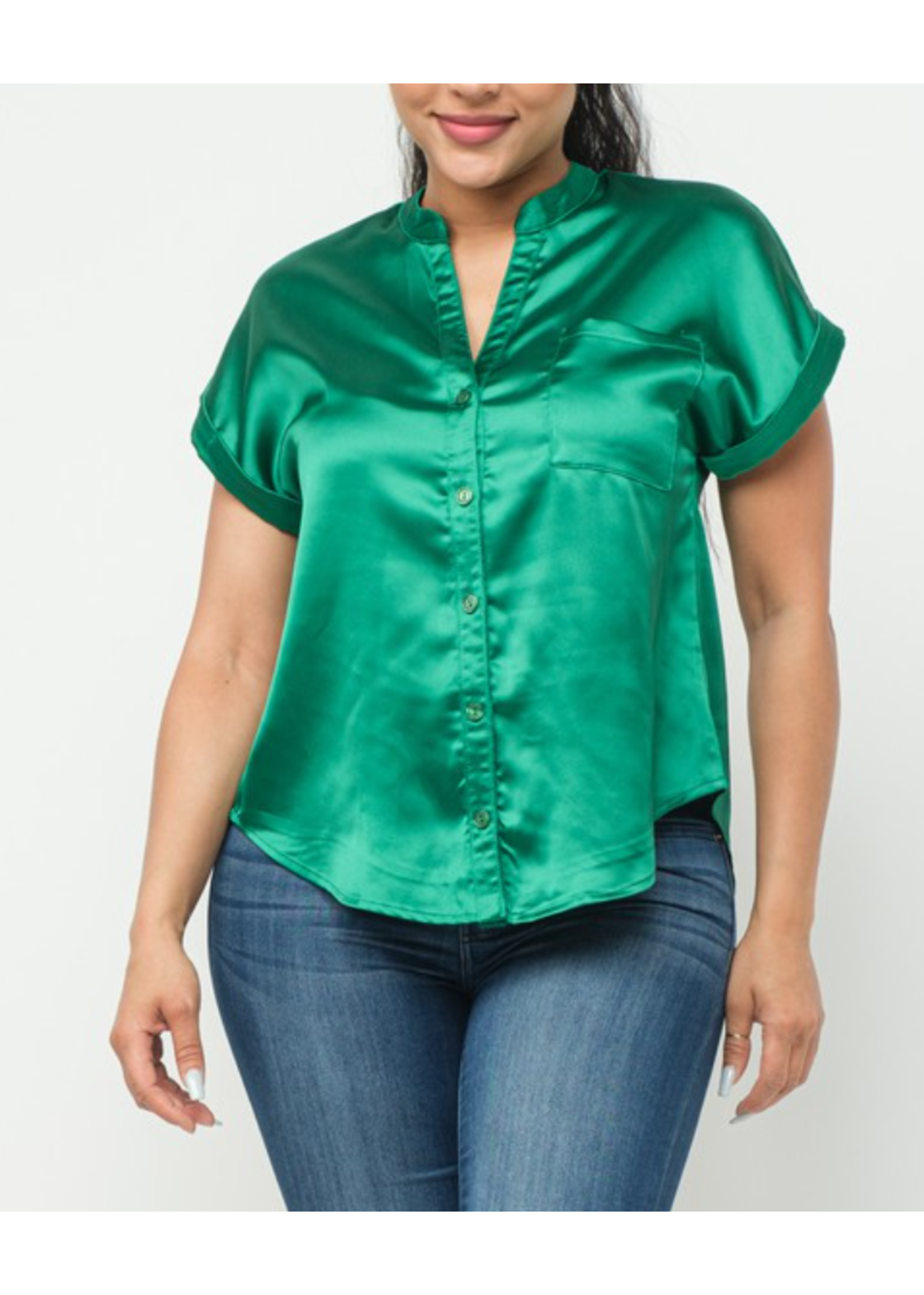 JLA8741 - Satin Front Button Down One Pocket Back Slit Top