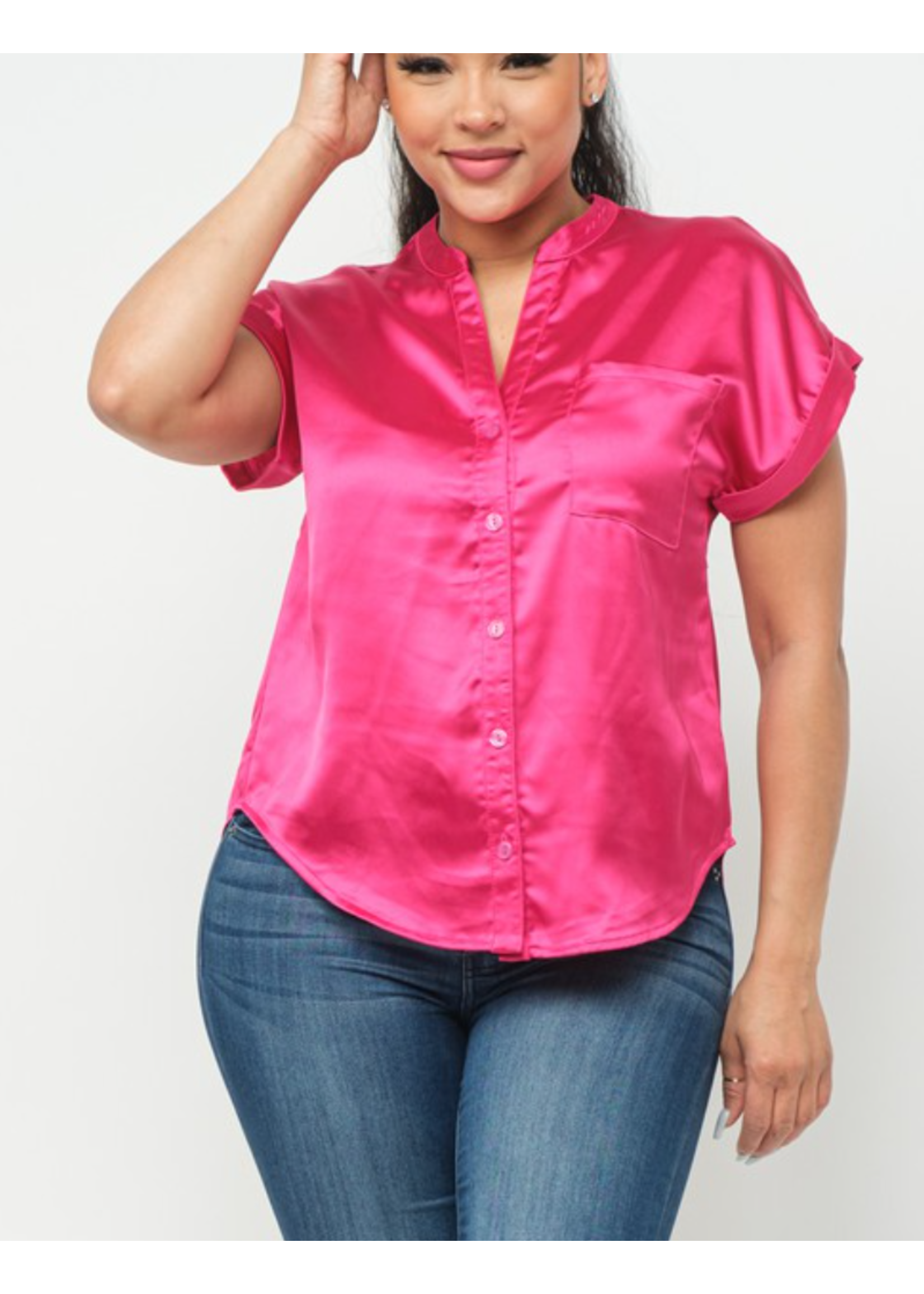 JLA8741 - Satin Front Button Down One Pocket Back Slit Top