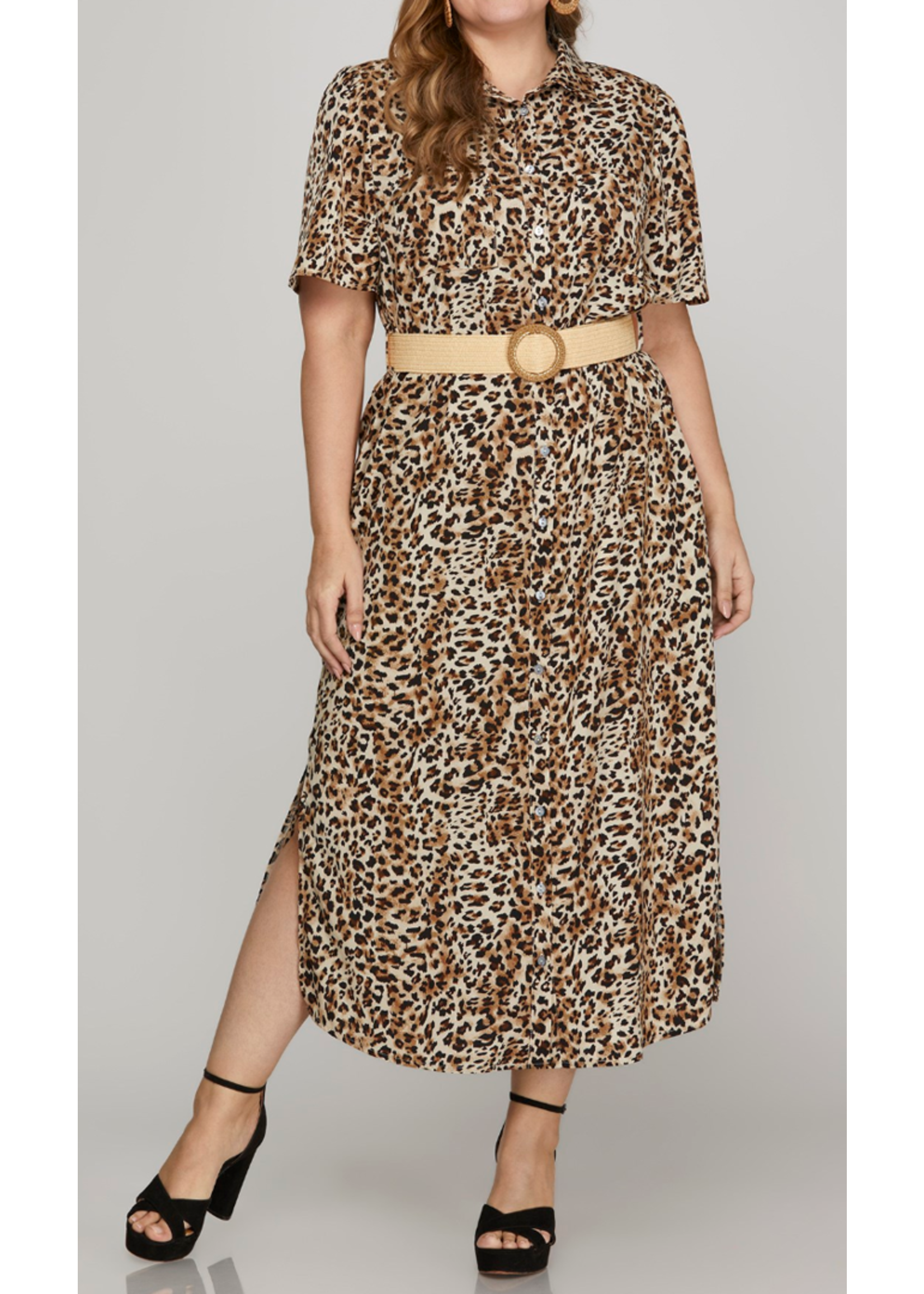SSPSY8688 - PLUS - SHORT SLEEVE BUTTON DOWN ANIMAL PRINTED MIDI DRESS WITH POCKET