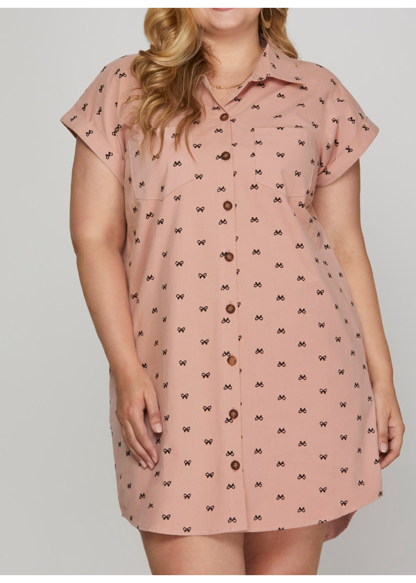 SSPSY8167 - PLUS - FOLDED CUFF BUTTON DOWN BOW PRINT COTTON SHIRT DRESS WITH POCKETS