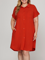 SSPSY6353R3 -  DROP SHOULDER BUTTON UP WOVEN SHIRT DRESS WITH POCKETS