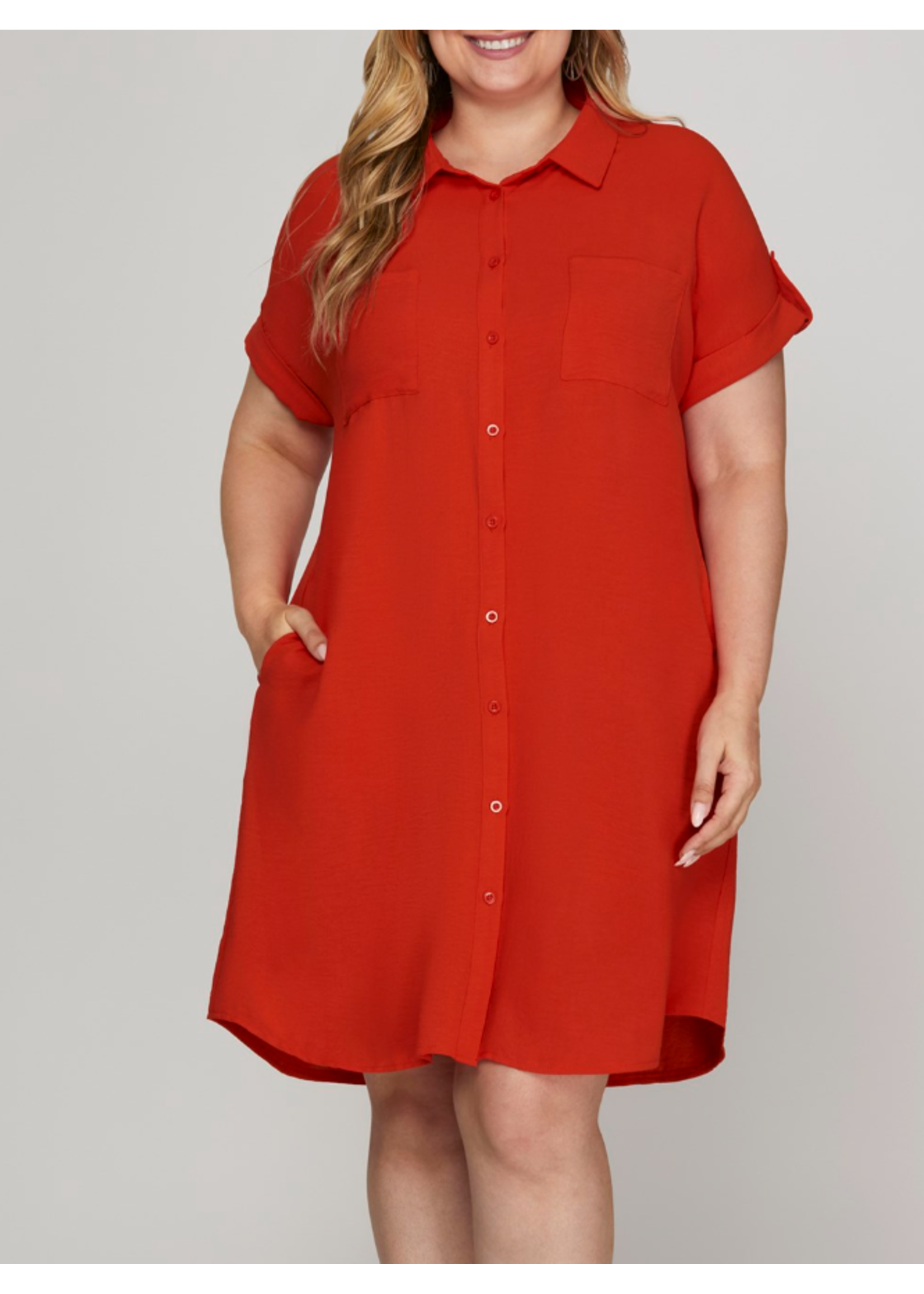 SSPSY6353R3 -  DROP SHOULDER BUTTON UP WOVEN SHIRT DRESS WITH POCKETS