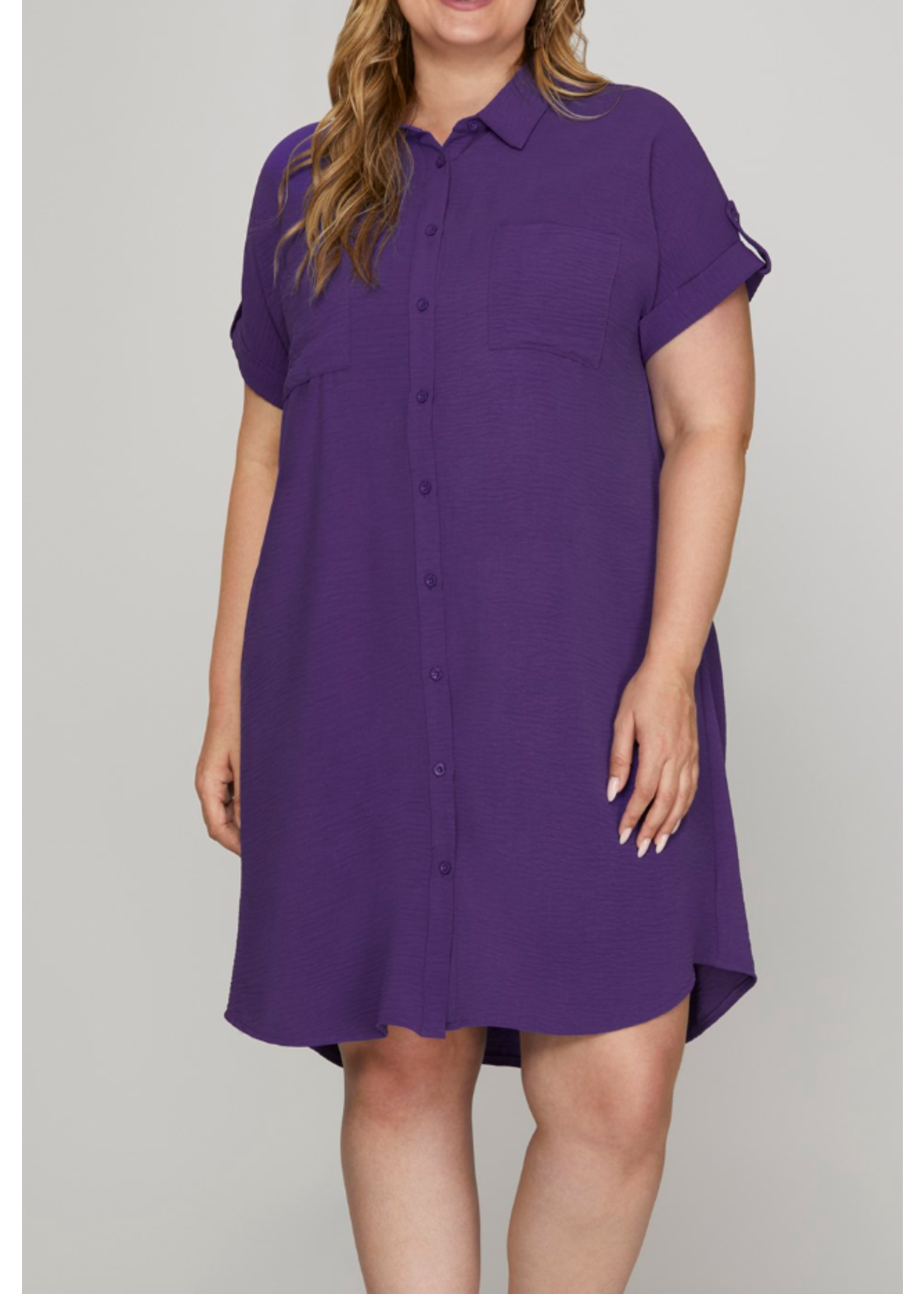 SSPSY6353R3 -  DROP SHOULDER BUTTON UP WOVEN SHIRT DRESS WITH POCKETS