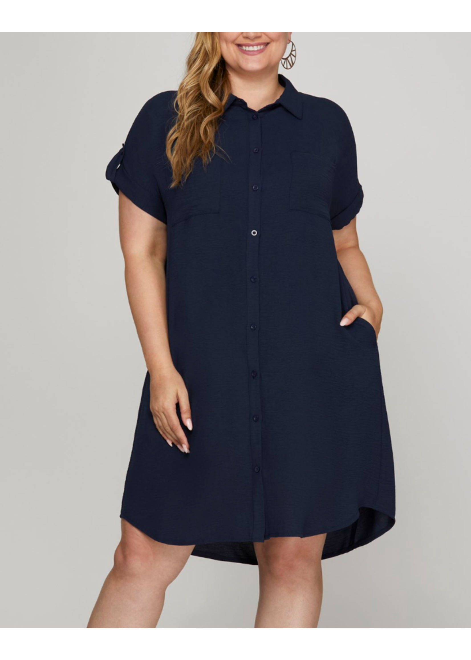 SSPSY6353R3 -  DROP SHOULDER BUTTON UP WOVEN SHIRT DRESS WITH POCKETS