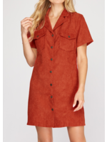 SSSY2507 - SHORT SLEEVE BUTTON DOWN CORDUROY SHIRT DRESS WITH POCKETS