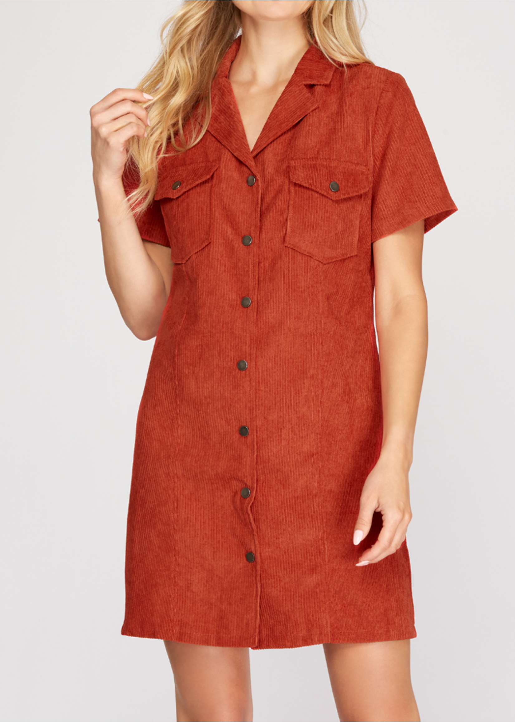 SSSY2507 - SHORT SLEEVE BUTTON DOWN CORDUROY SHIRT DRESS WITH POCKETS