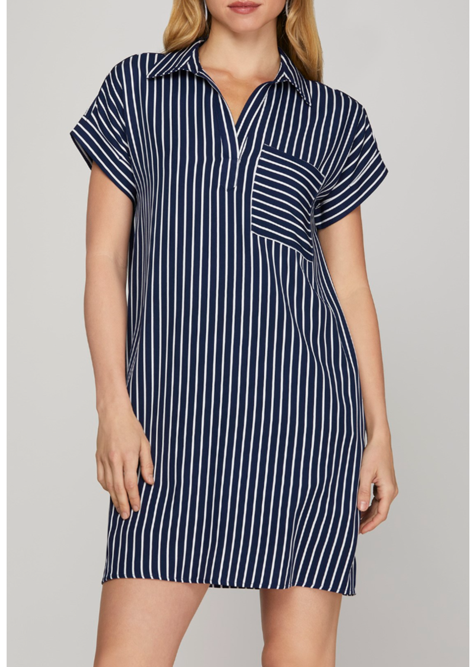 SSSY8396 - DROP SLEEVE STRIPED WOVEN SHIRT MINI DRESS WITH POCKETS
