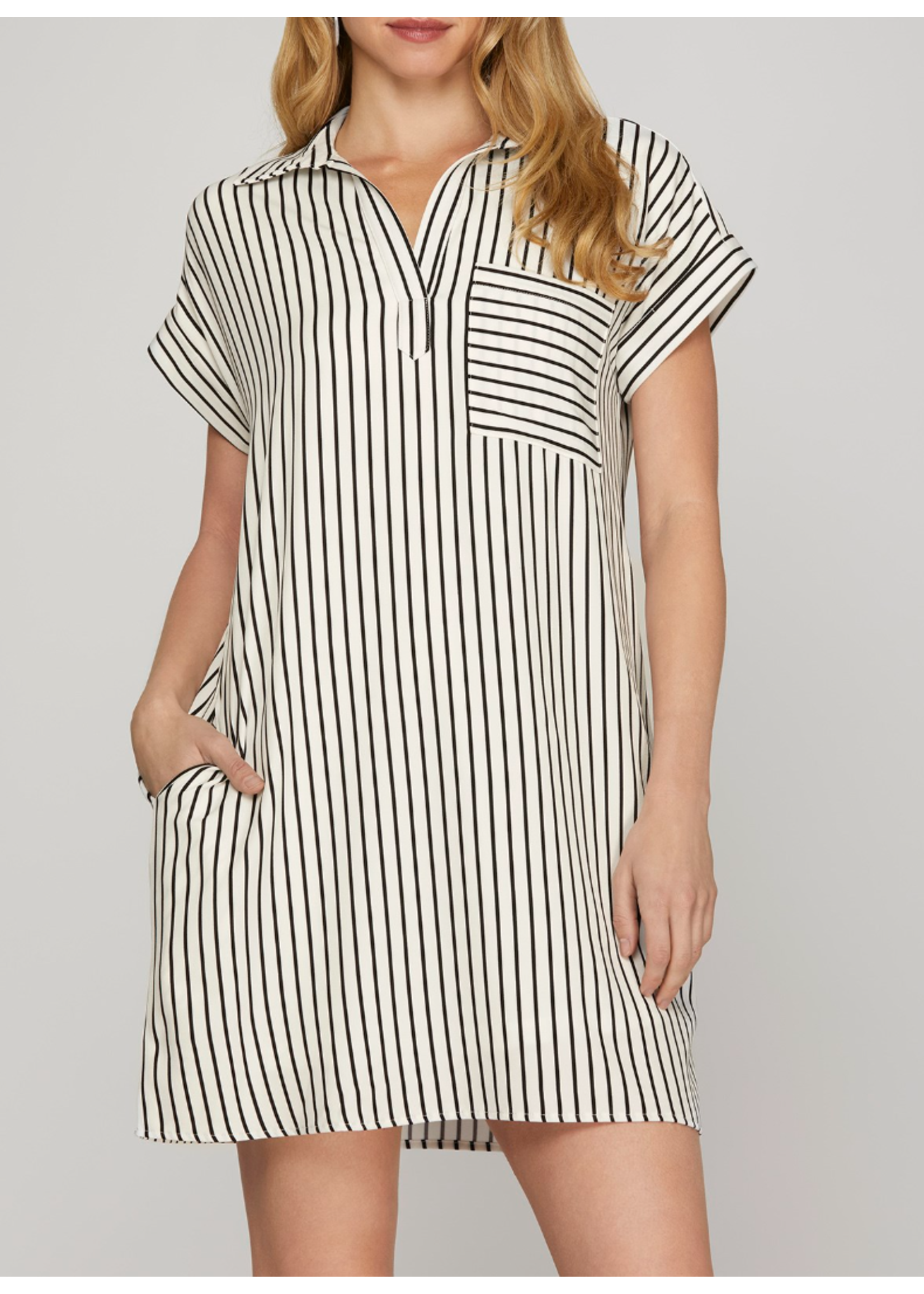 SSSY8396 - DROP SLEEVE STRIPED WOVEN SHIRT MINI DRESS WITH POCKETS