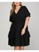 SSPSY8837 - PLUS - DROP SHOULDER SHORT SLEEVE WOVEN TIERED MINI DRESS
