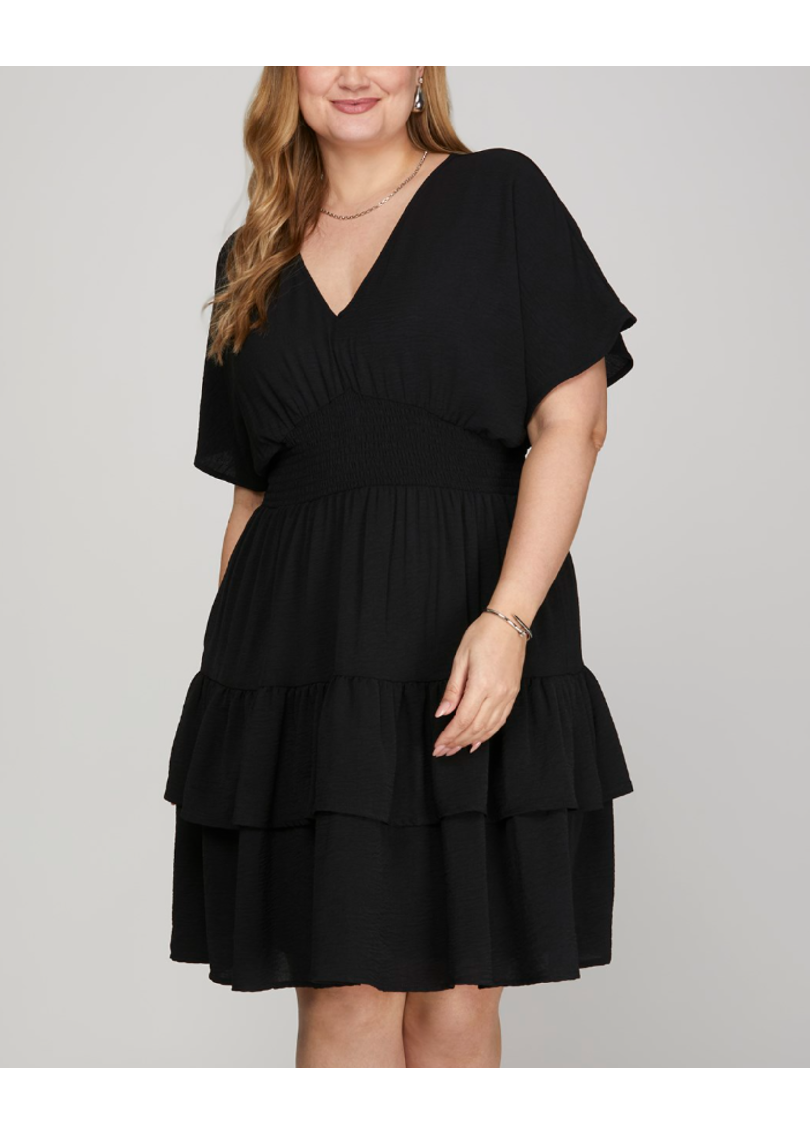 SSPSY8837 - PLUS - DROP SHOULDER SHORT SLEEVE WOVEN TIERED MINI DRESS
